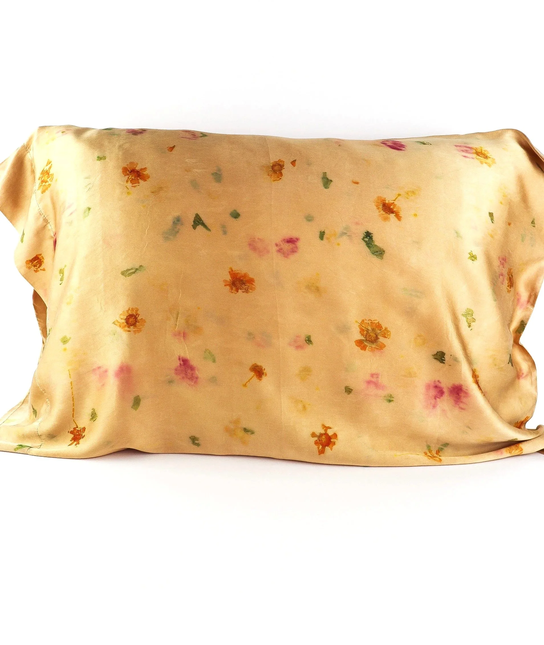 Botanically Dyed Silk Pillowcase eco printed with flowers. Mulberry silk pillowcase set of 2.