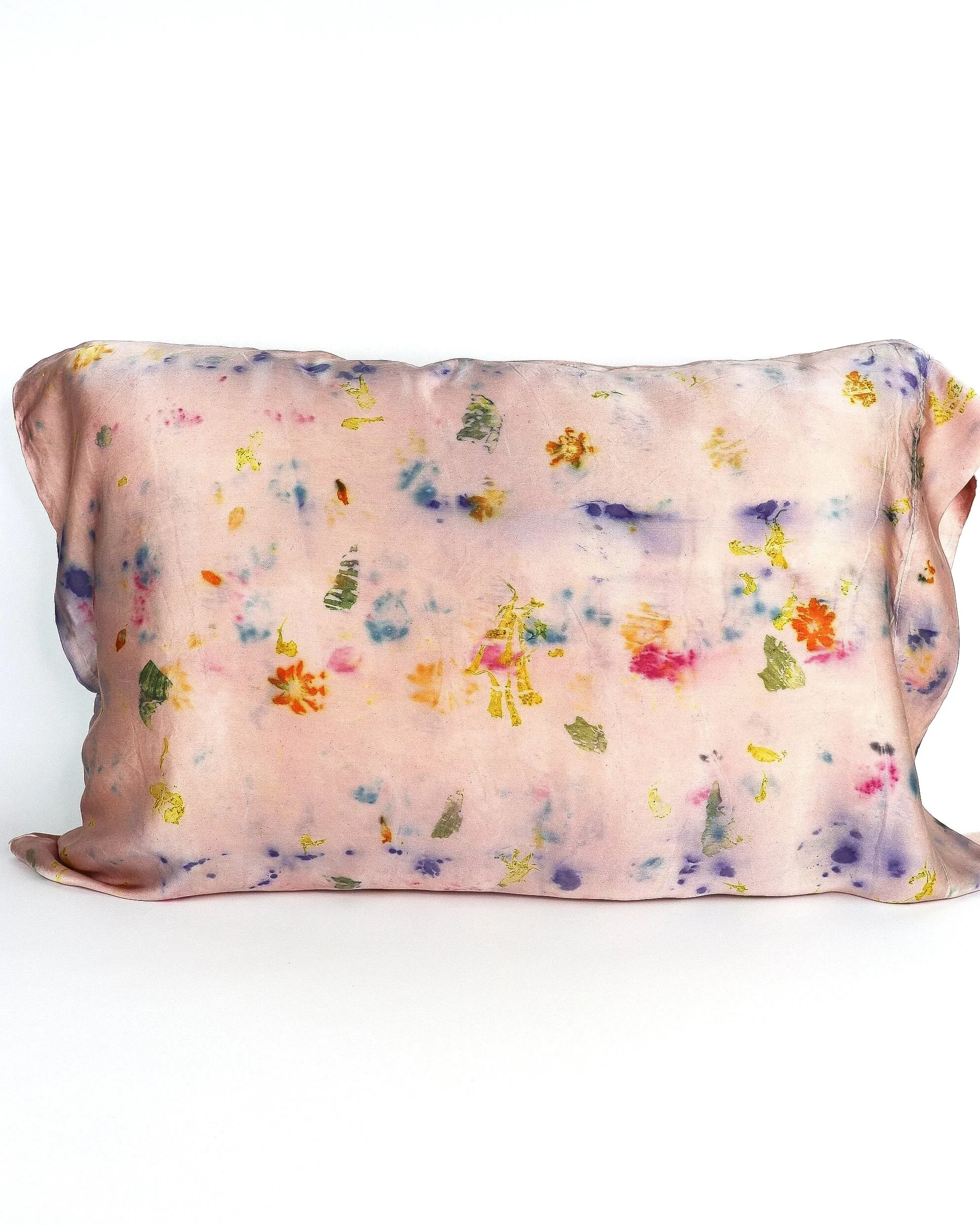 Botanically Dyed Silk Pillowcase eco printed with flowers. Silk Charmeuse pillowcase set of 2.