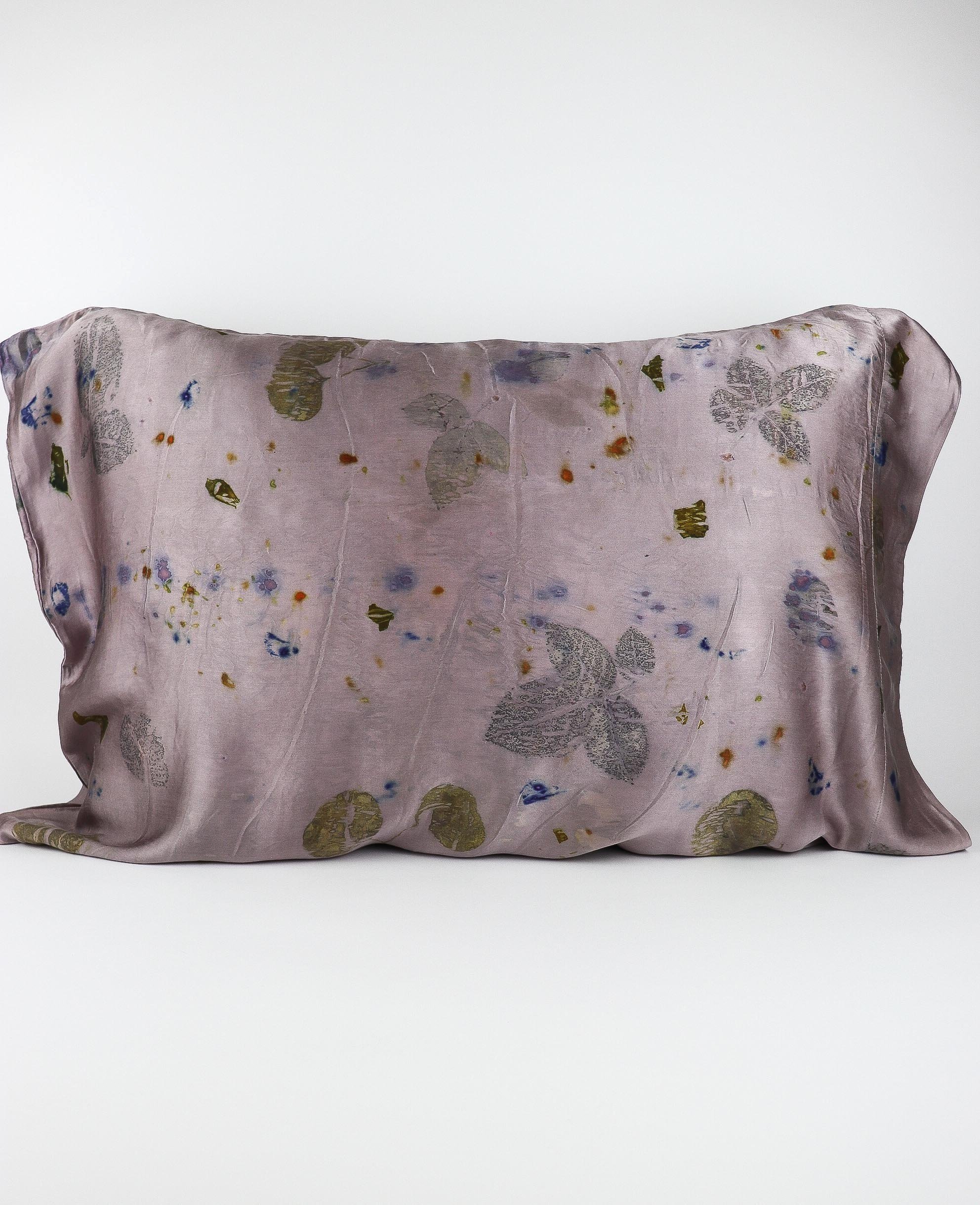 AJNA California naturally dyed textiles. Botanically Dyed Silk Pillowcase eco printed with flowers. Silk Charmeuse pillowcase set of 2