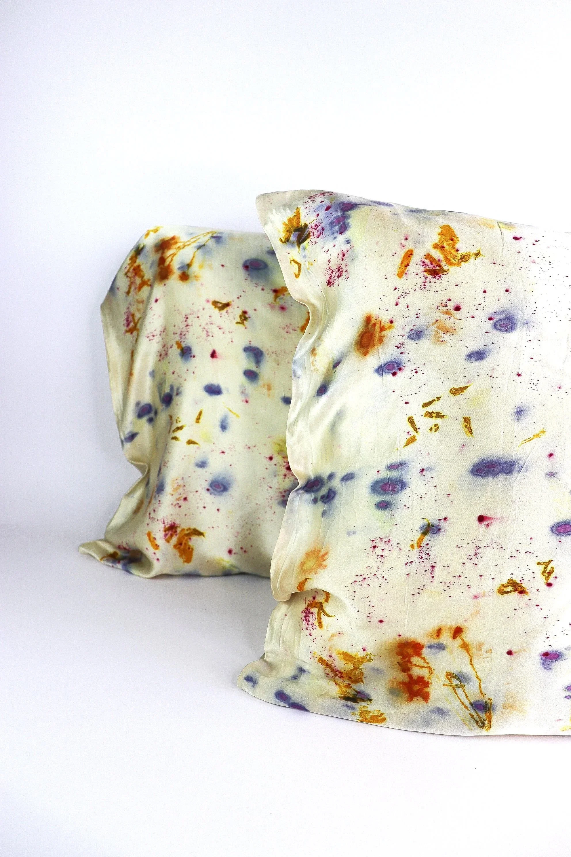 Botanically Dyed Silk Pillowcase eco printed with flowers. Silk Charmeuse pillowcase set of 2.