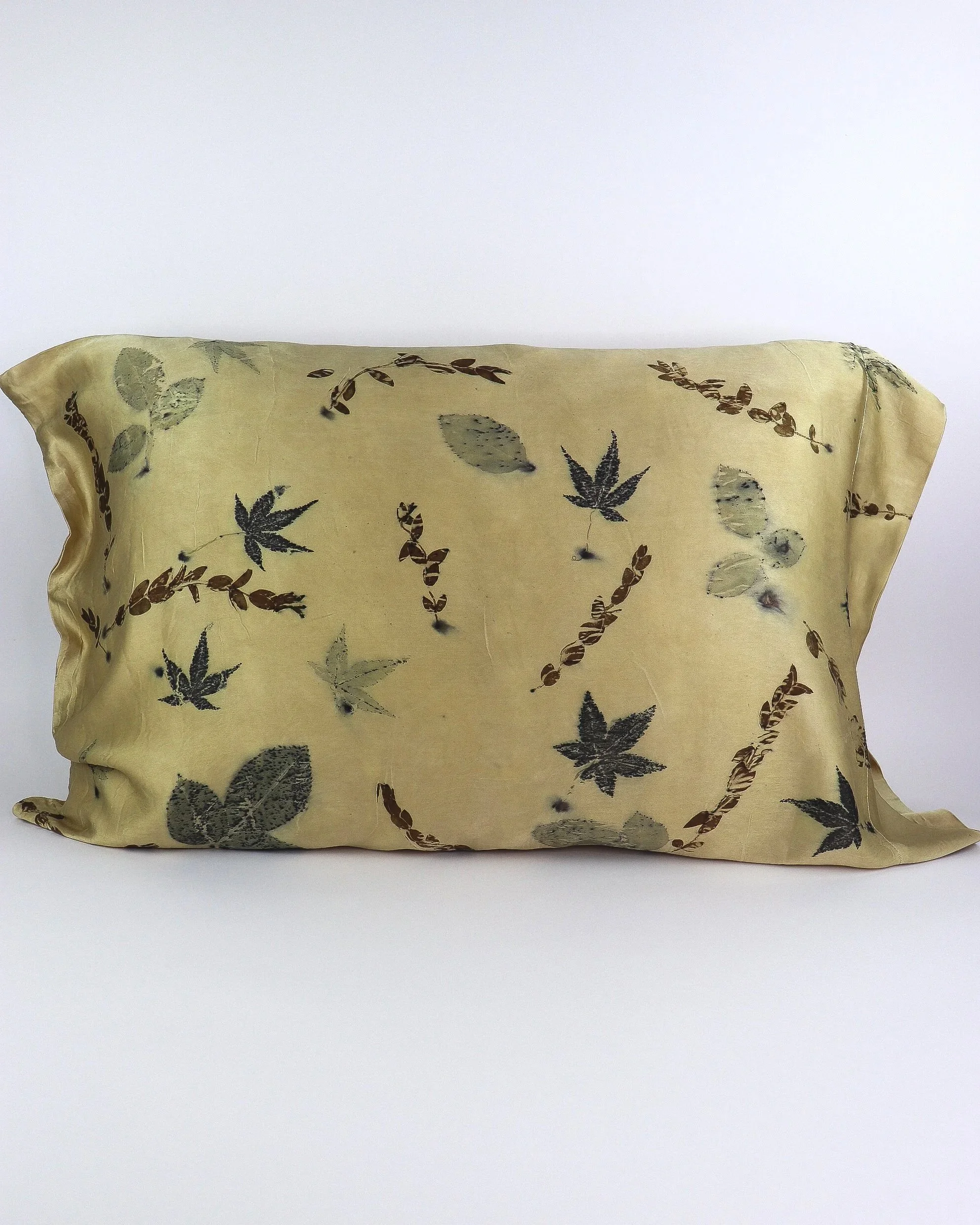 Botanically Dyed Silk Pillowcase eco printed with flowers. Mulberry silk Charmeuse pillowcase set of 2.