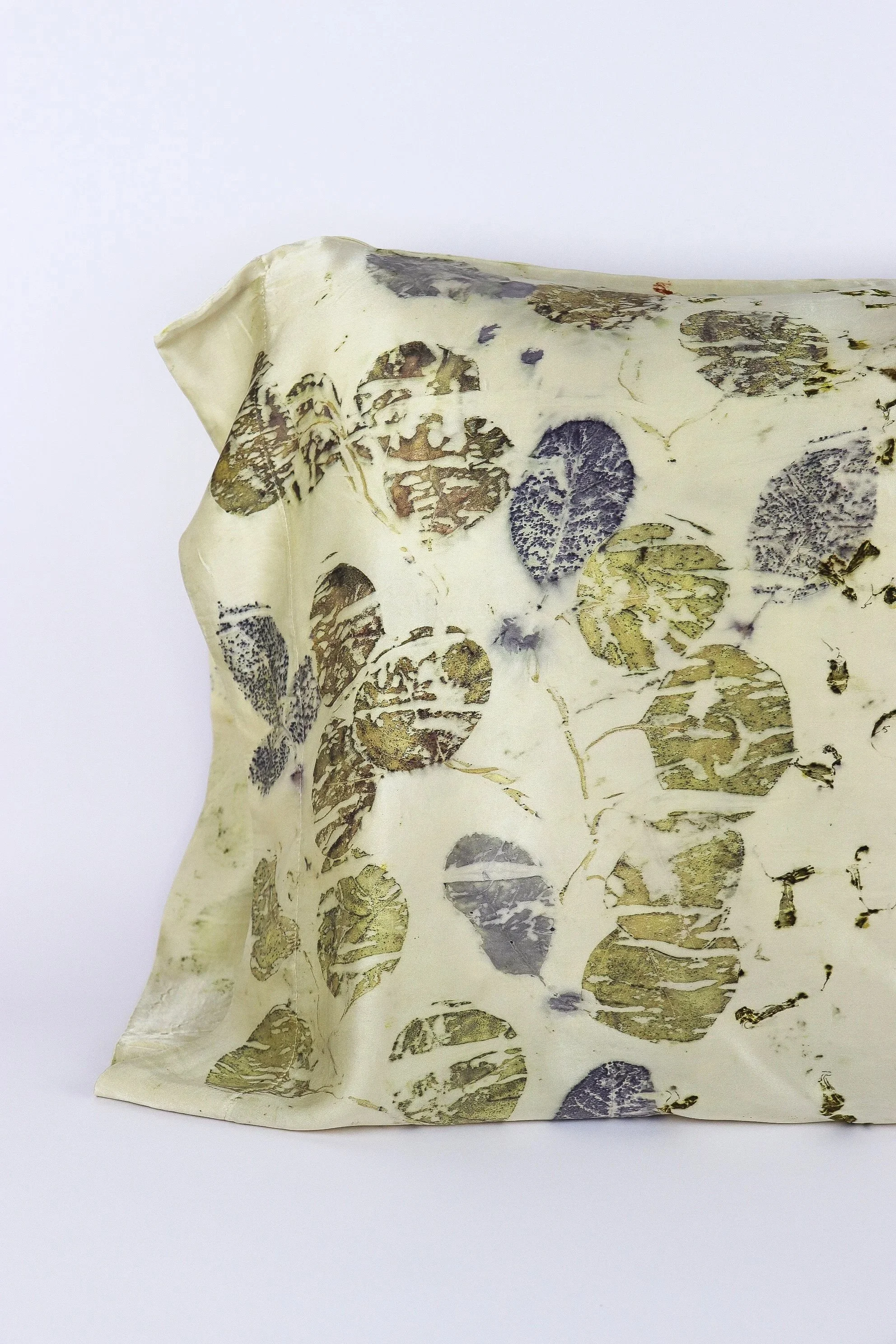 Botanically Dyed Silk Pillowcase eco printed with flowers. 100% Silk Charmeuse. One of a kind silk pillowcase. Silk Pillowcase near me. Plant dyed silk pillowcase in San Francisco Bay Area.