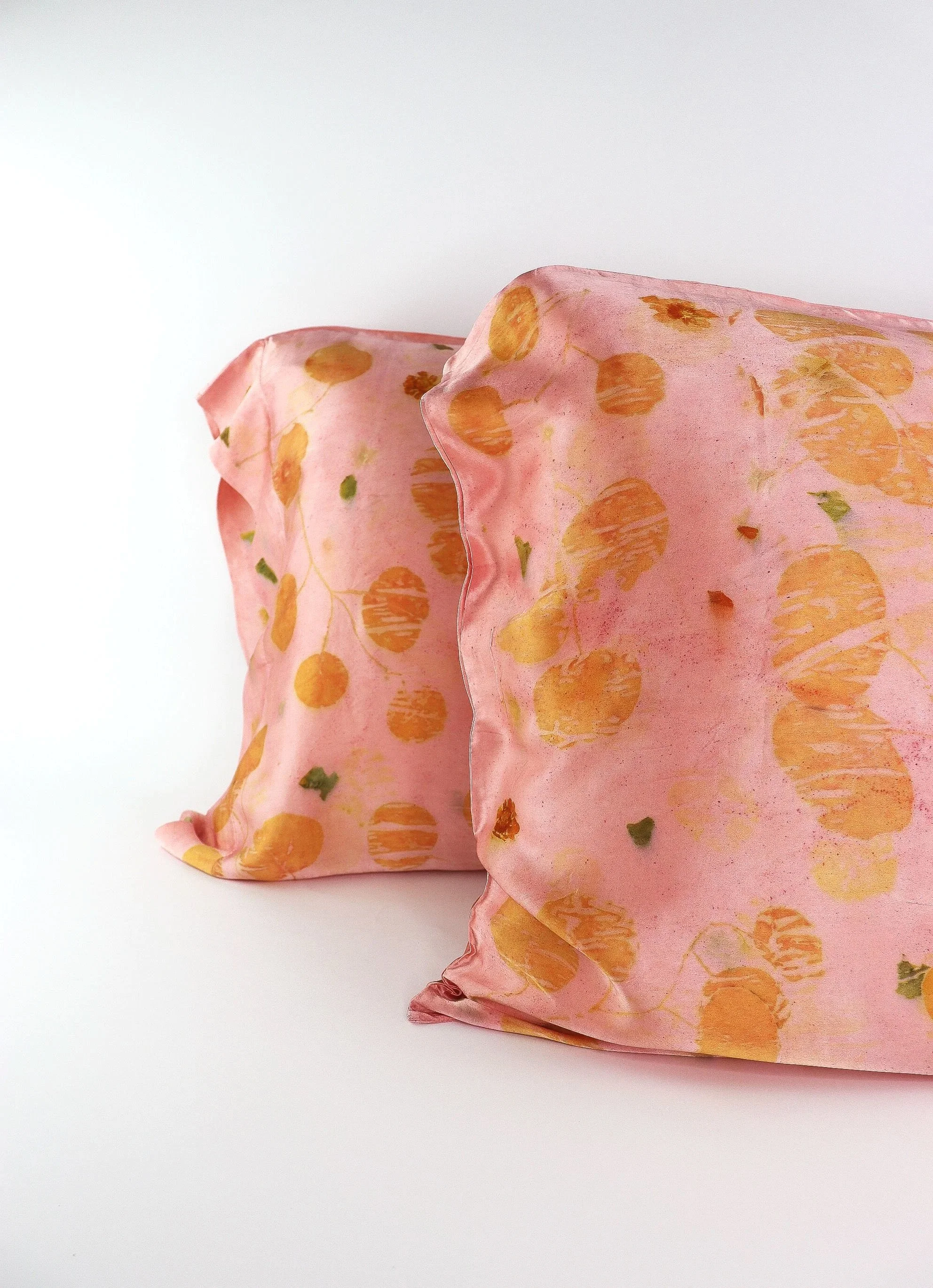 Botanically Dyed Silk Pillowcase eco printed with flowers. Mulberry silk pillowcase set of 2.