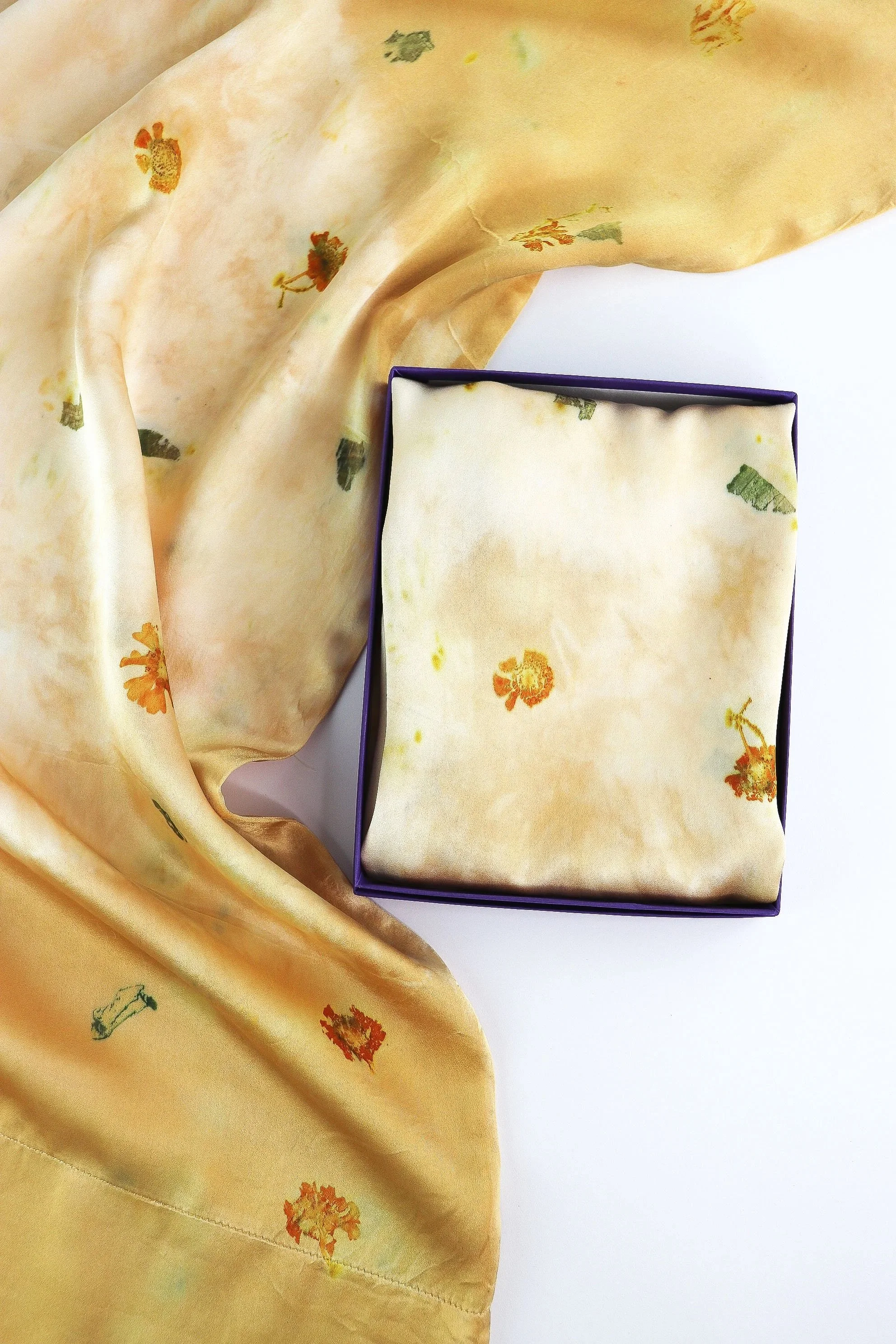Botanically Dyed Silk Pillowcase eco printed with flowers. Mulberry silk pillowcase set of 2.