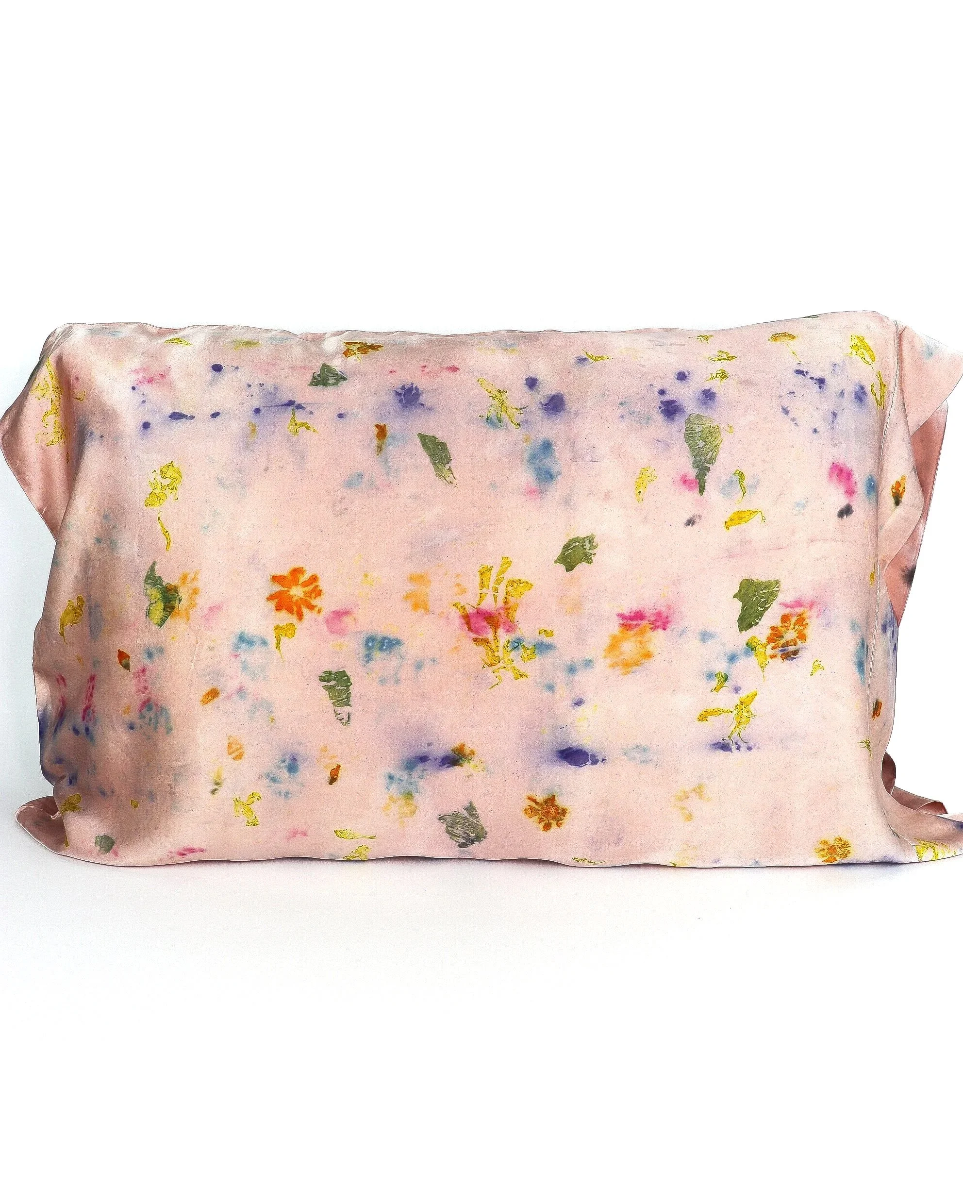 Botanically Dyed Silk Pillowcase eco printed with flowers. Silk Charmeuse pillowcase set of 2.