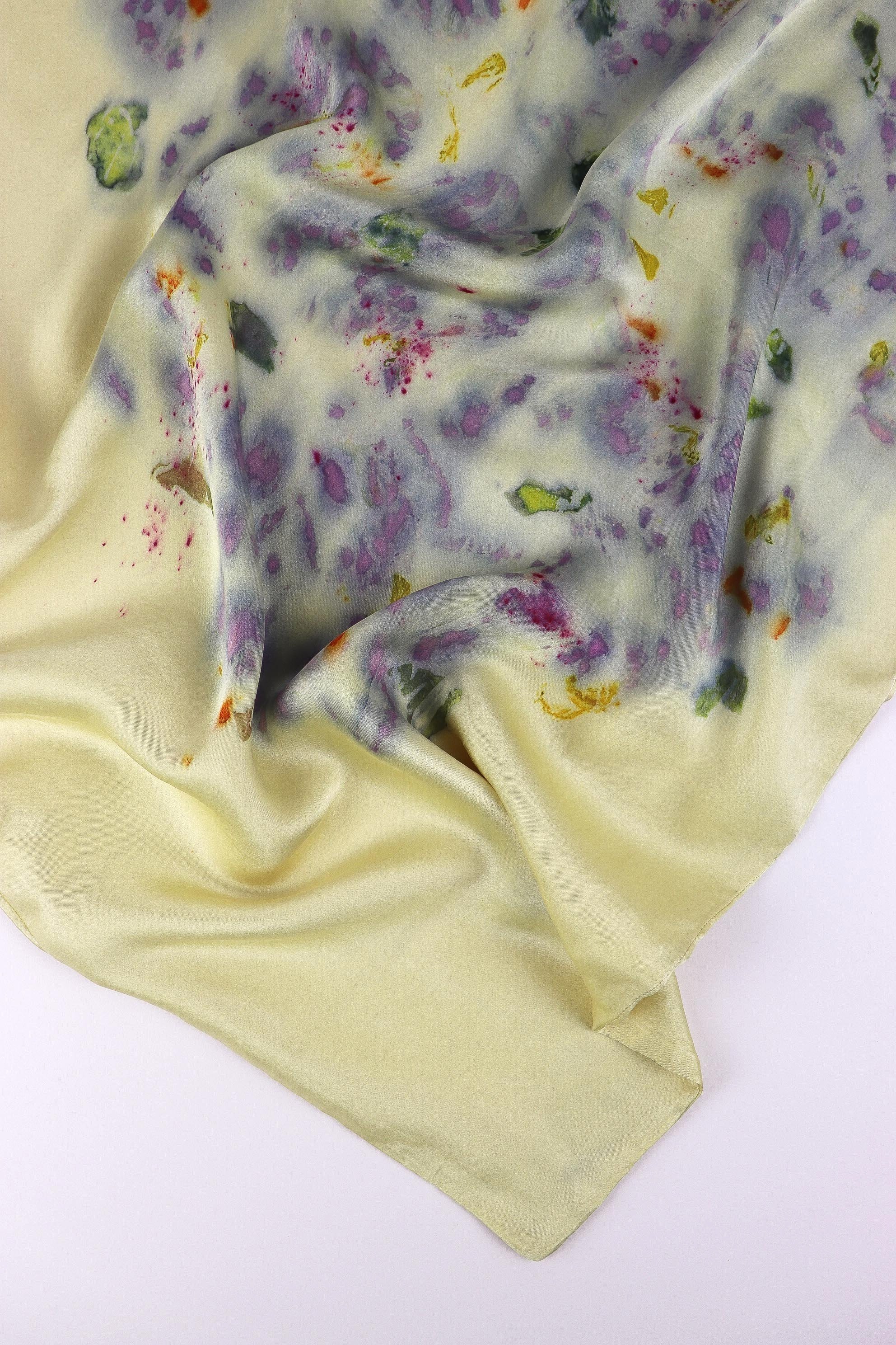 Botanically Dyed Silk Pillowcase eco printed with flowers. Plant dyes silk. AJNA California naturally dyed textiles in San Jose, California. Silk Pillowcase near me.