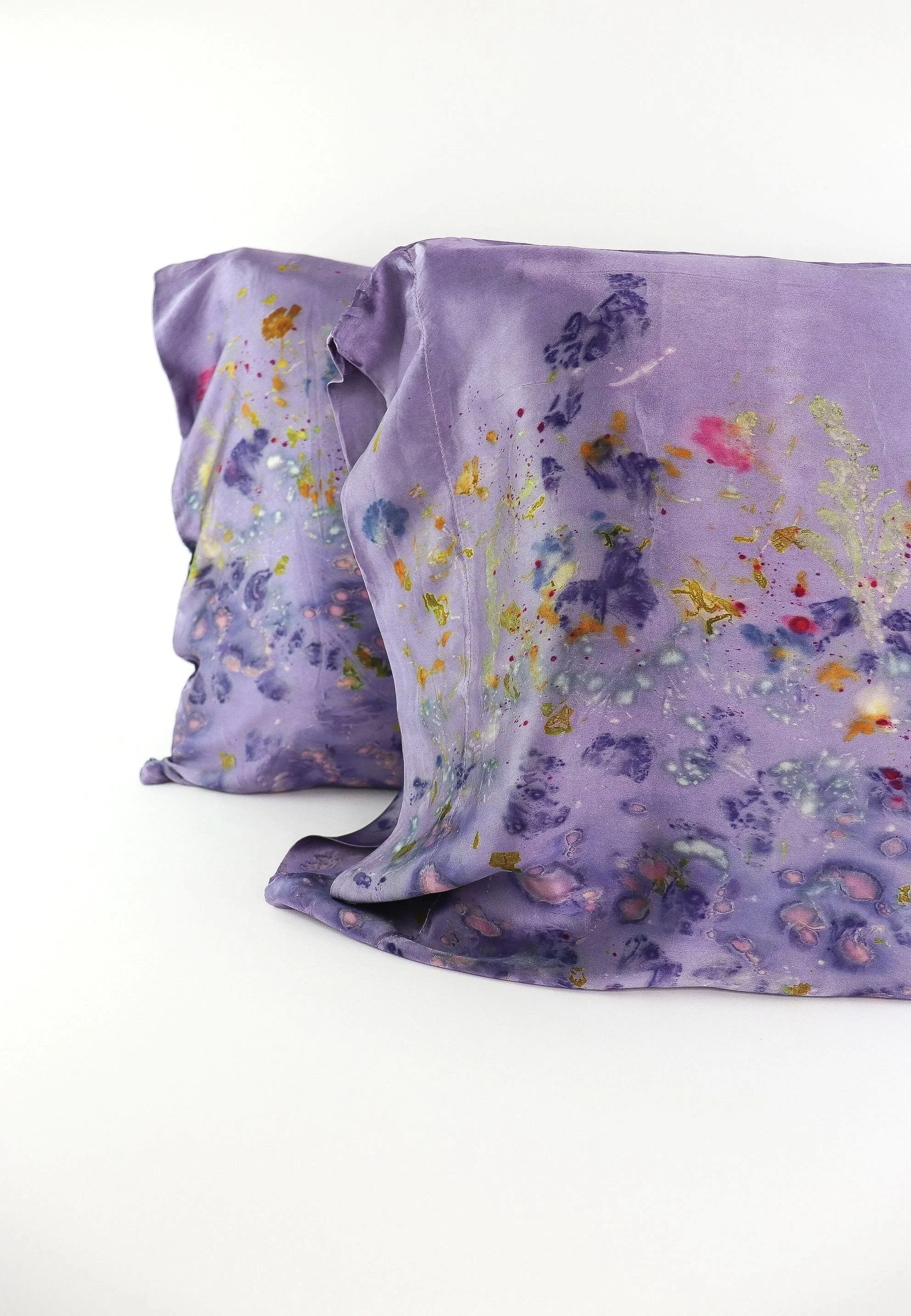 Botanically Dyed Silk Pillowcase eco printed with flowers. Mulberry silk pillowcase set of 2.