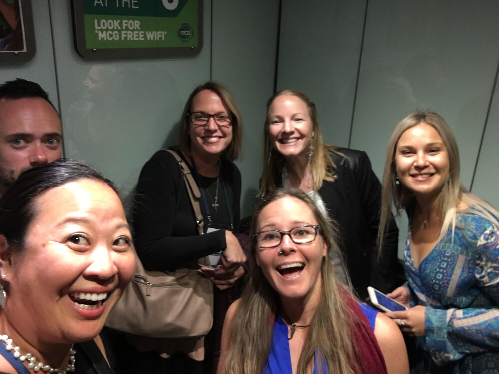  Rohan Brooker, Tiffany Sih, Jenni Donelson, Cassie Thompson, Leanne Currey-Randall and Paloma Matis (left to right) on the way to the 2018 conference dinner at the Melbourne Cricket Ground. Submitted by Tiffany Sih. 