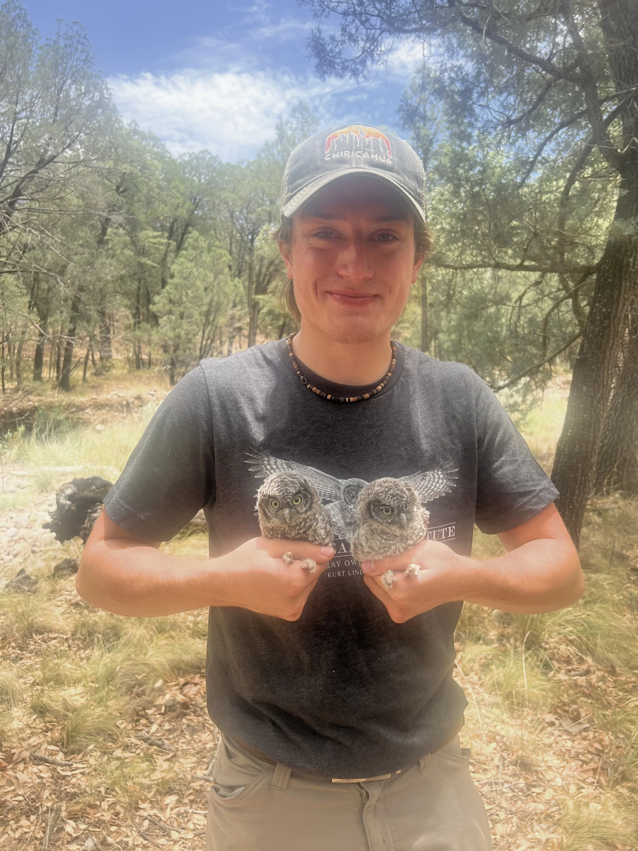 Me with two Whiskered Screech-Owl Fledglings.