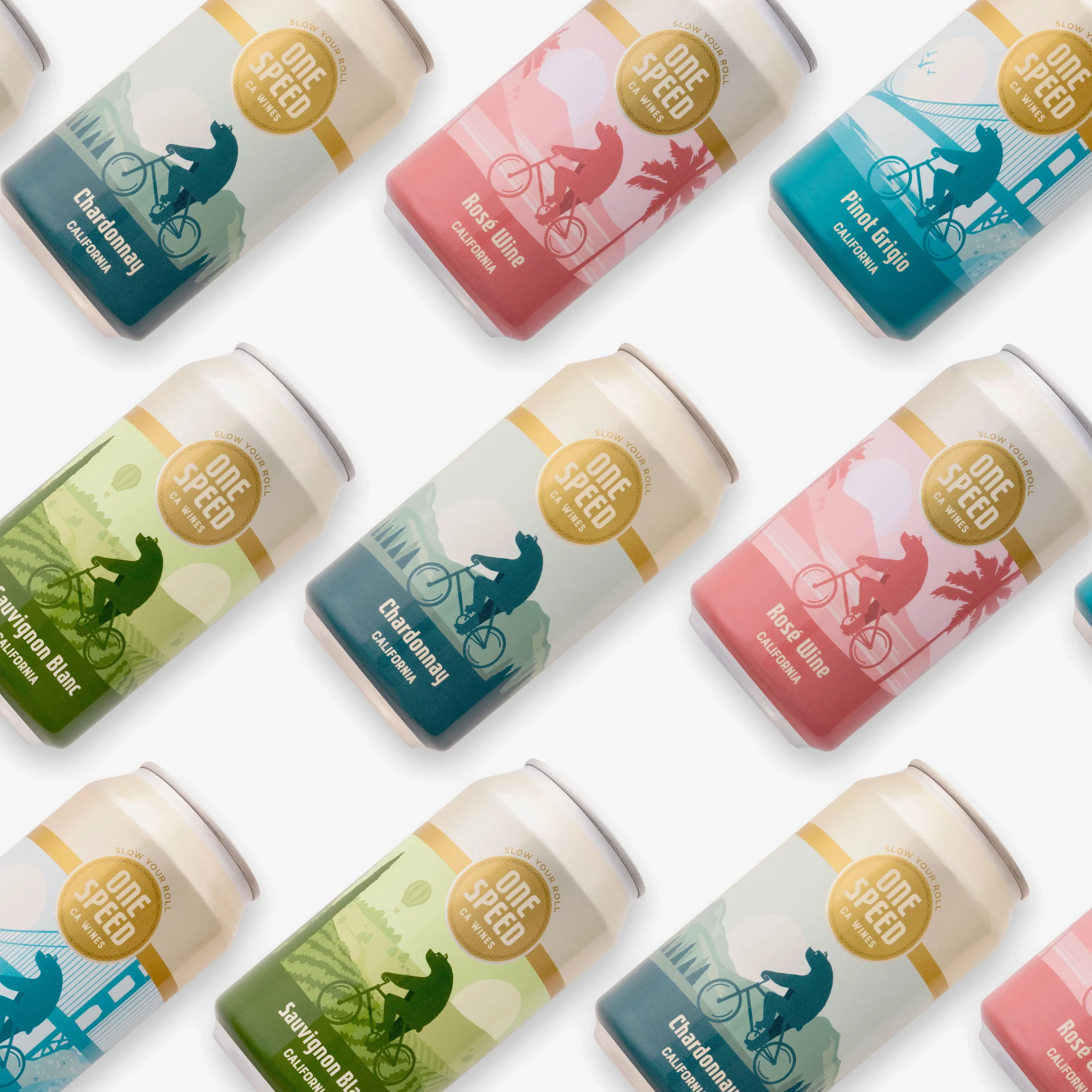 Retail beverage packaging design created during agency experience featuring branded canned wine packaging across a four-SKU product family.