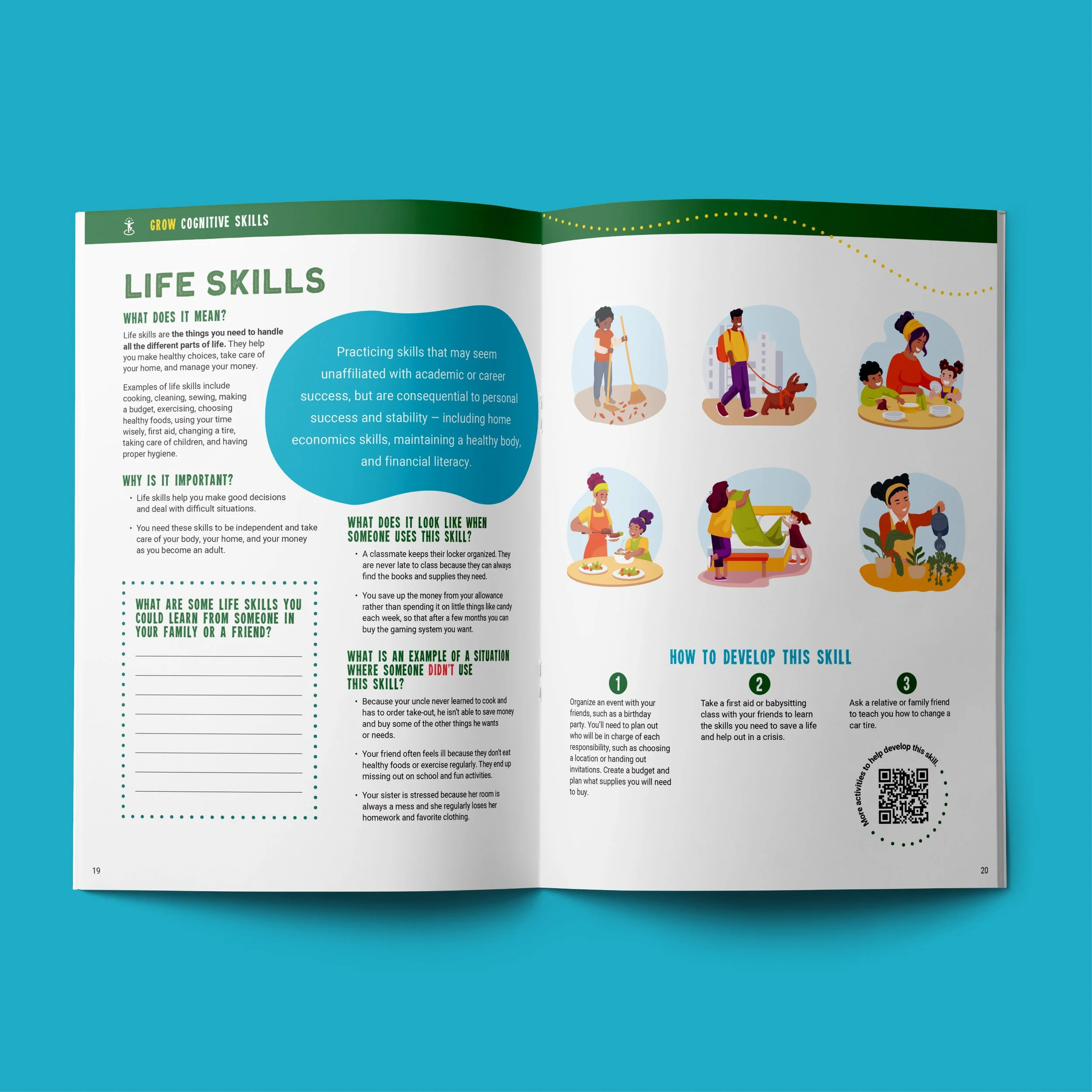 Editorial publication design for Nashville Public Library educational resource focused on youth life skills development, featuring illustrated layouts and interactive learning content.
