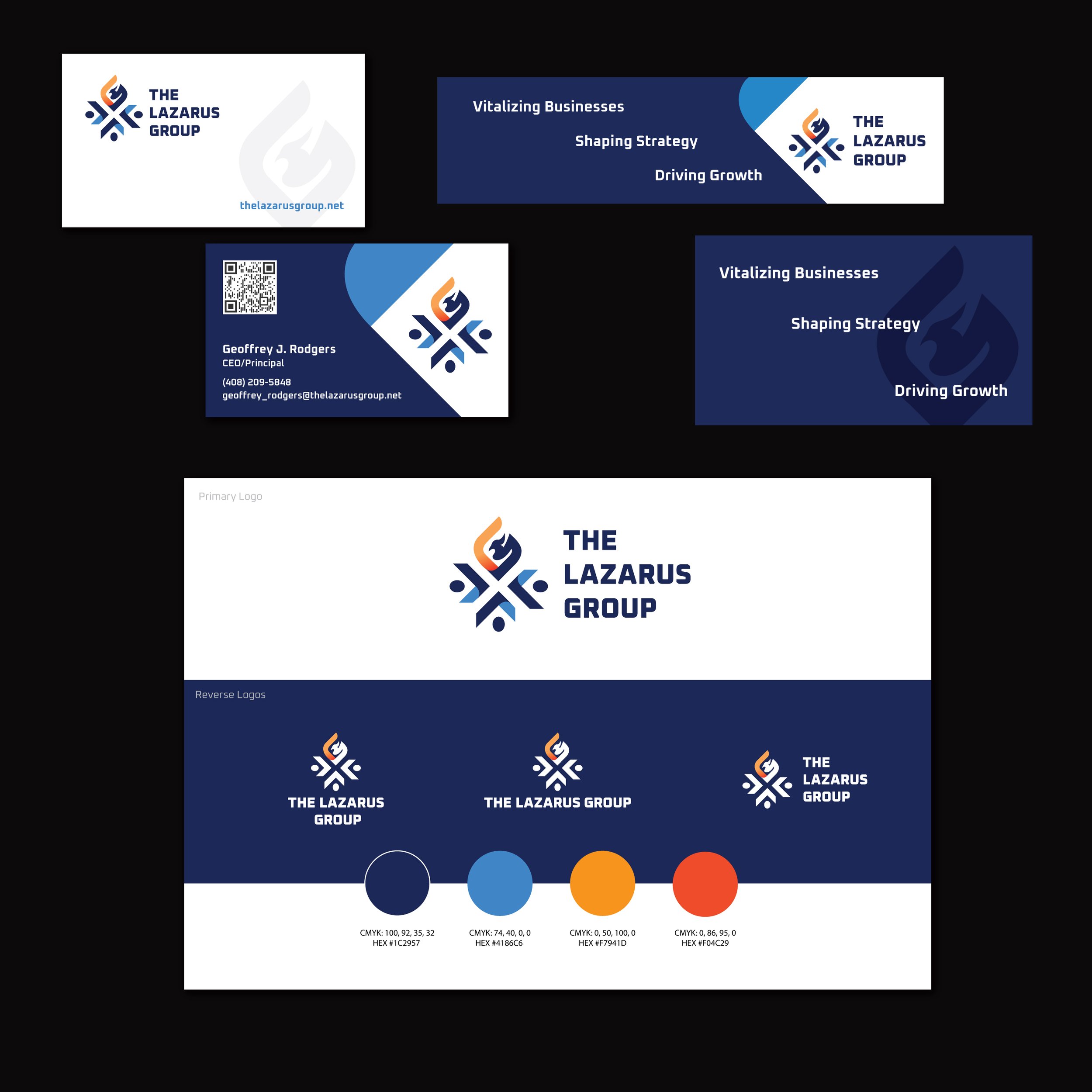 Brand identity design for The Lazarus Group, a Pleasanton financial consulting company, including logo design, social media banners and branded business collateral.
