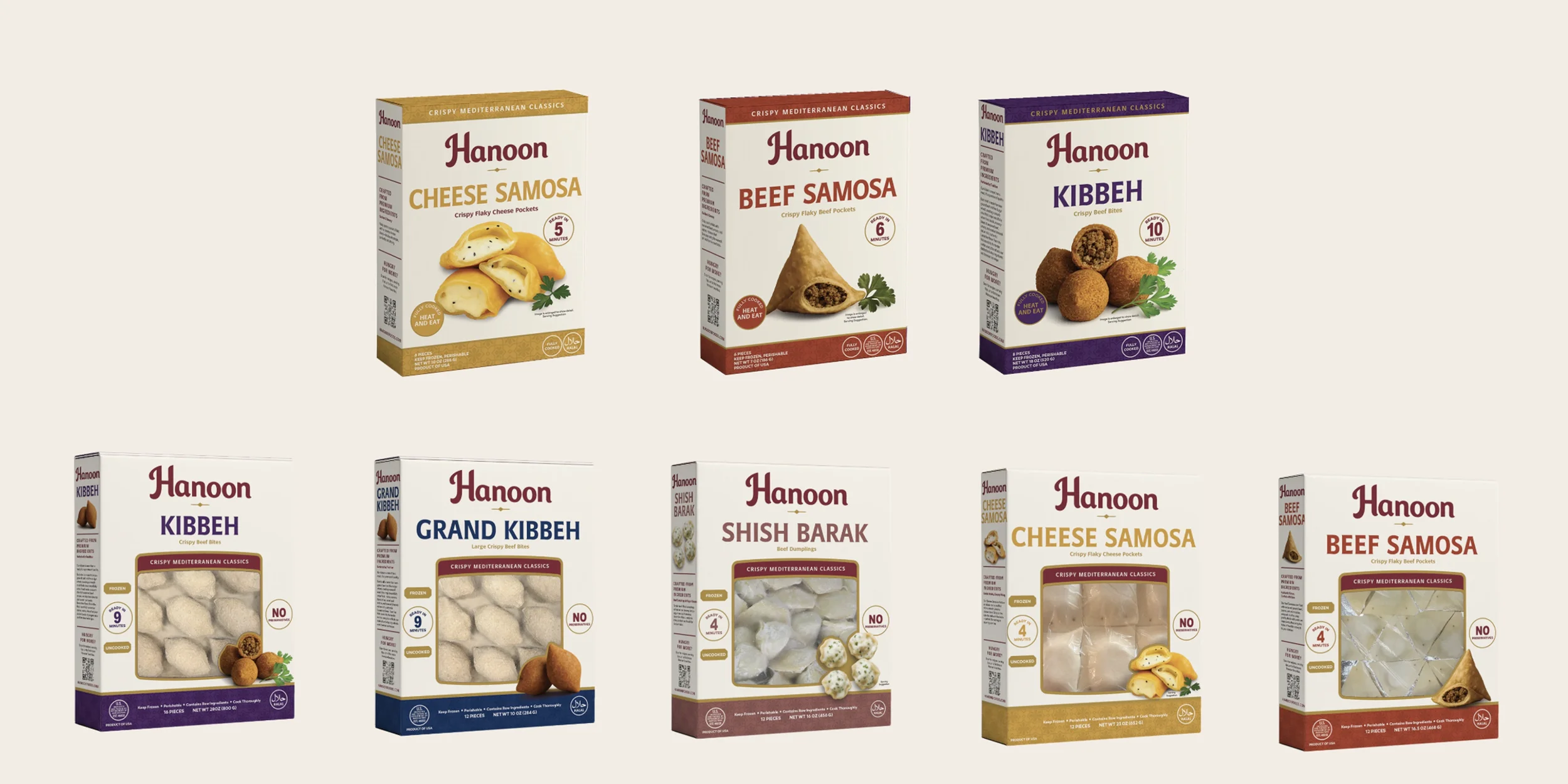 Retail food packaging system designed for Hanoon featuring frozen Mediterranean product packaging across multiple SKUs.