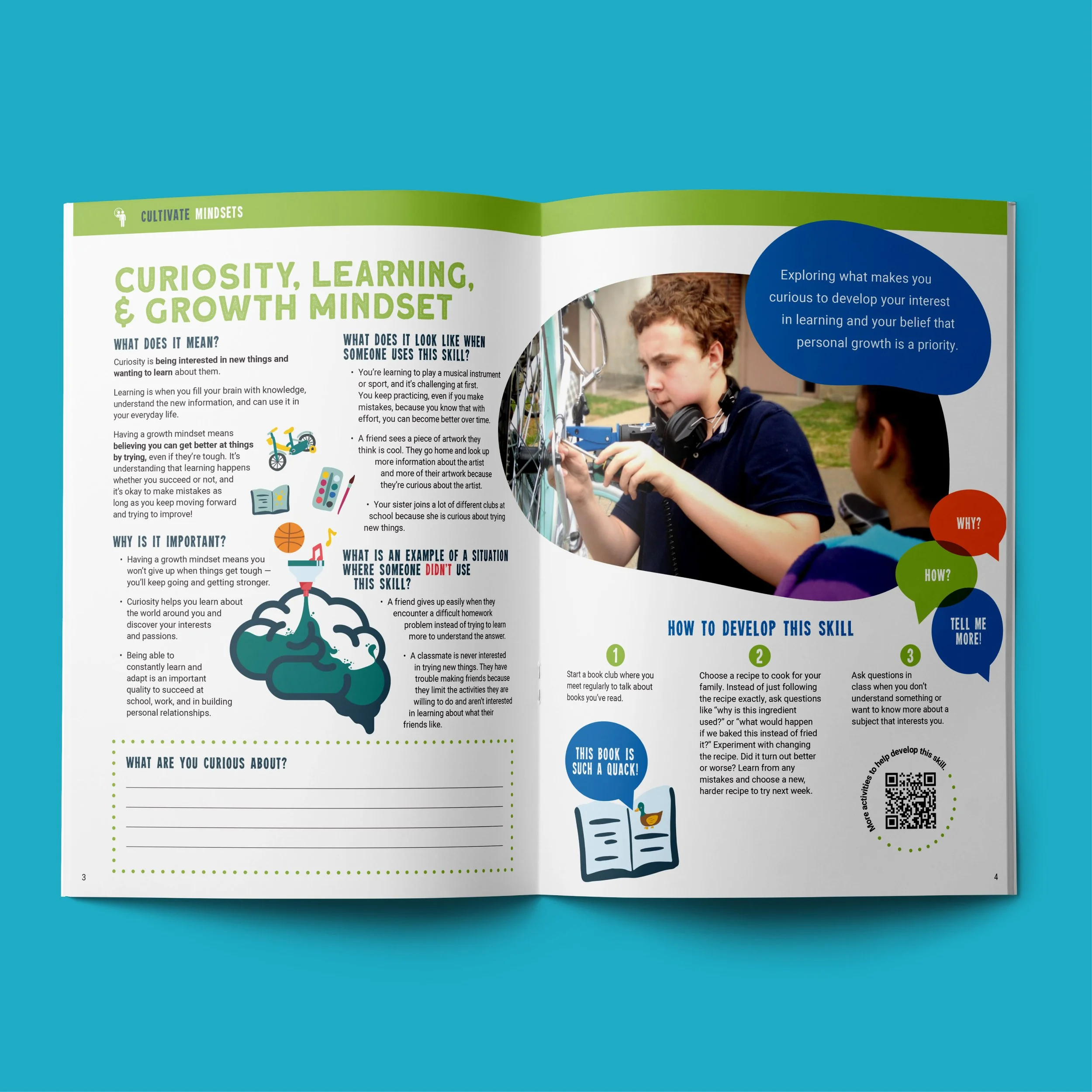 Educational publication spread designed for Nashville Public Library featuring growth mindset content, youth learning materials, and custom editorial layout design.
