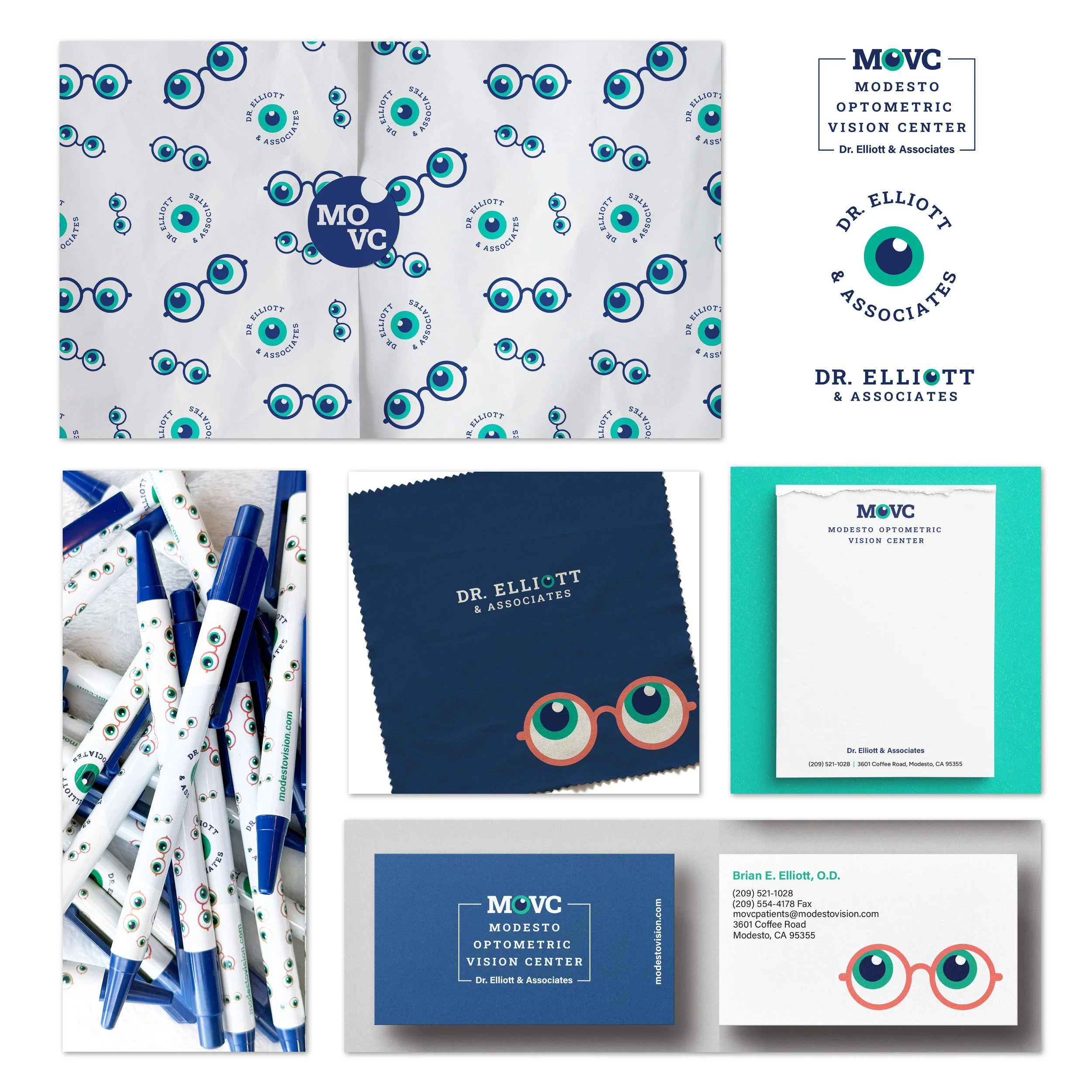 Brand identity design for Modesto Optometric Vision Center, including logo, stationery, and visual branding materials for a Modesto eye care practice.