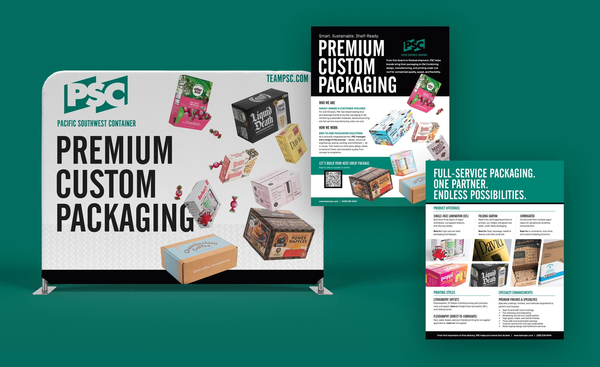 Trade show display and sales collateral design for Pacific Southwest Container, showcasing custom packaging solutions and manufacturing capabilities.