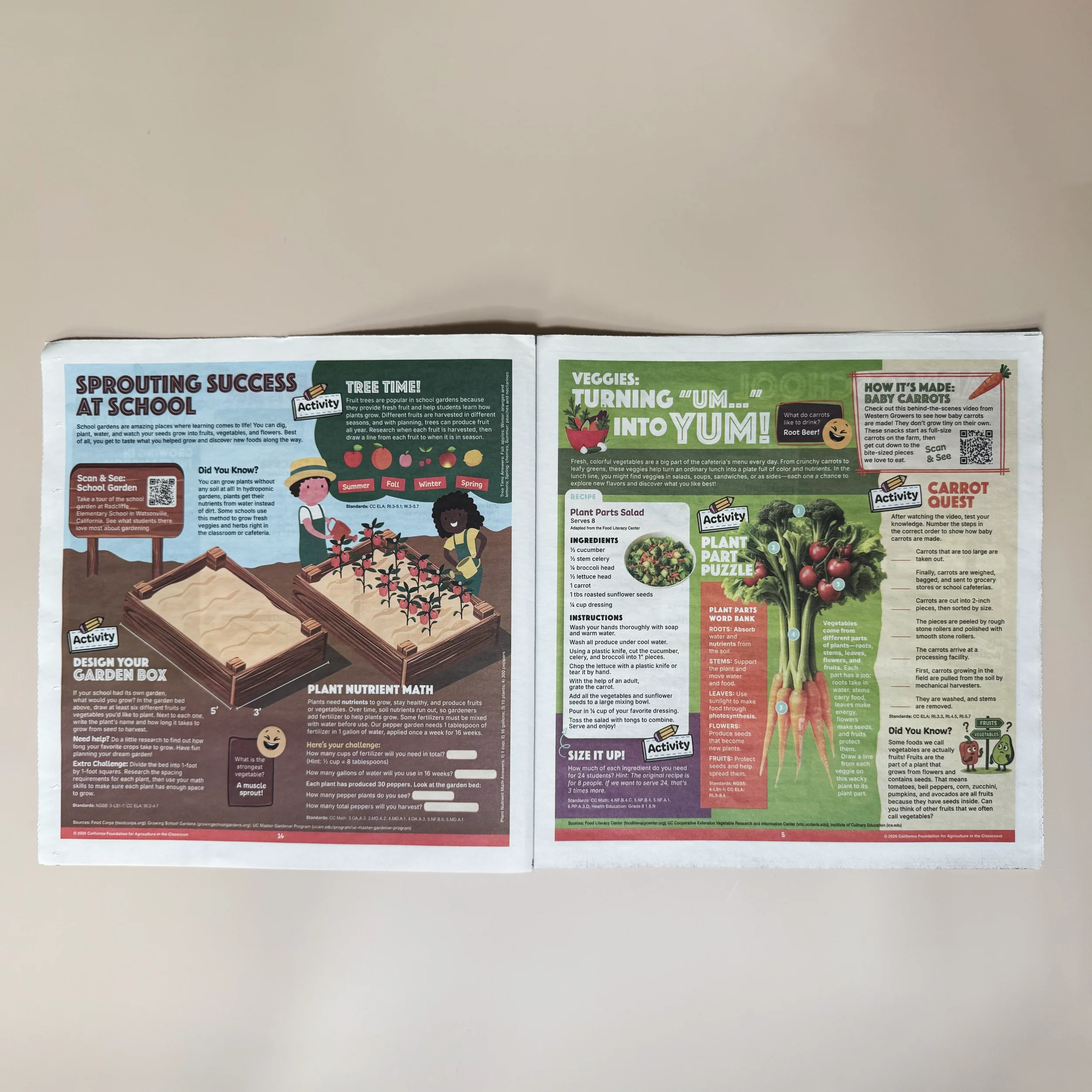 Educational publication spread design featuring school garden curriculum, nutrition learning, and interactive agriculture activities for students.