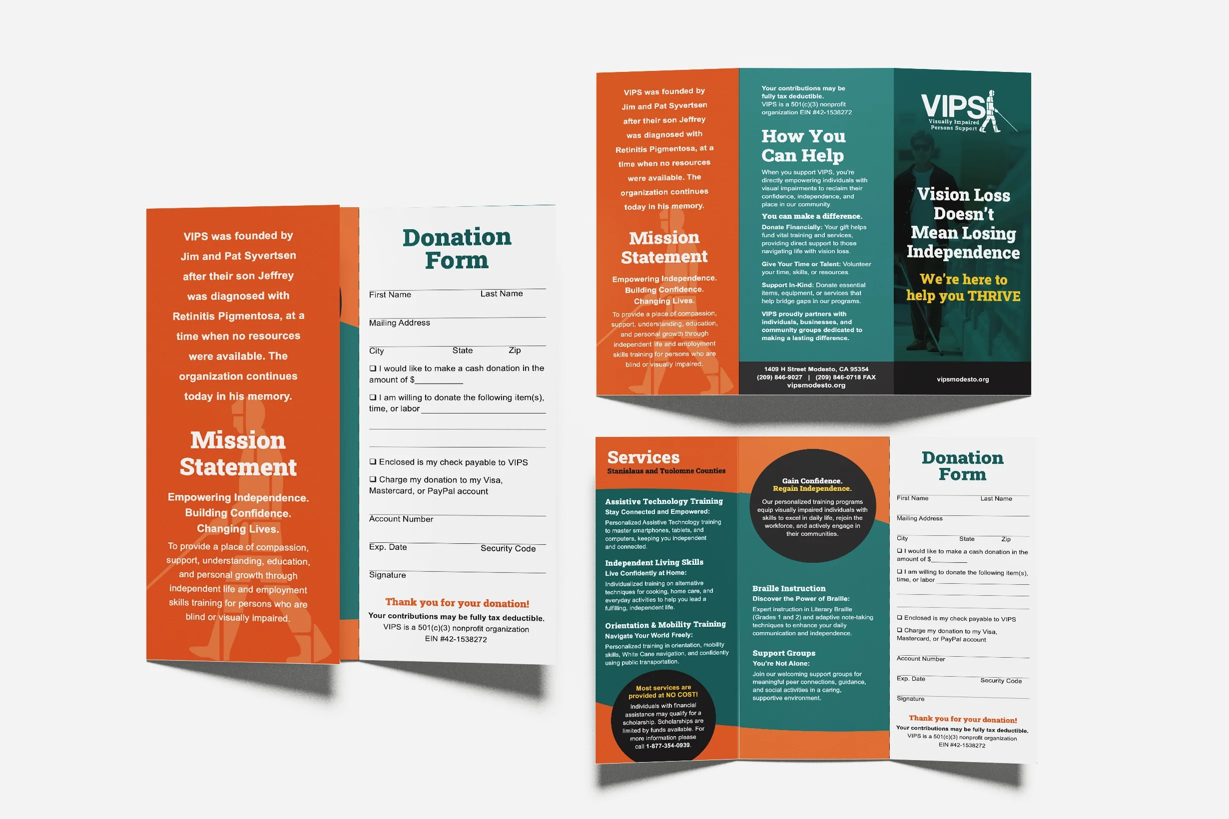Nonprofit marketing collateral including brochures, forms, and promotional materials designed to support community outreach and donor engagement.
