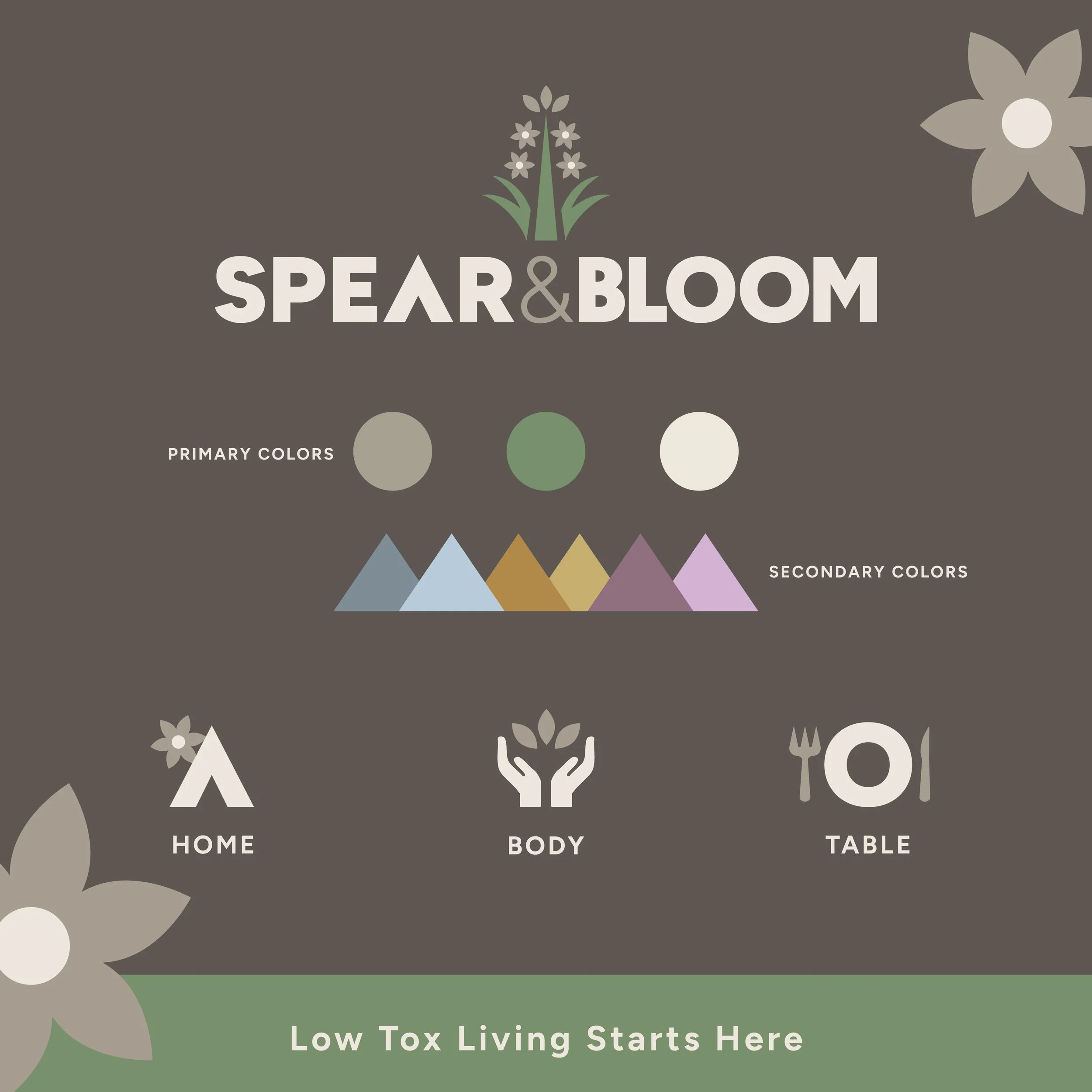 Brand identity design for Spear & Bloom, a Los Angeles wellness brand, featuring logo development, color palette, and branded icon system.