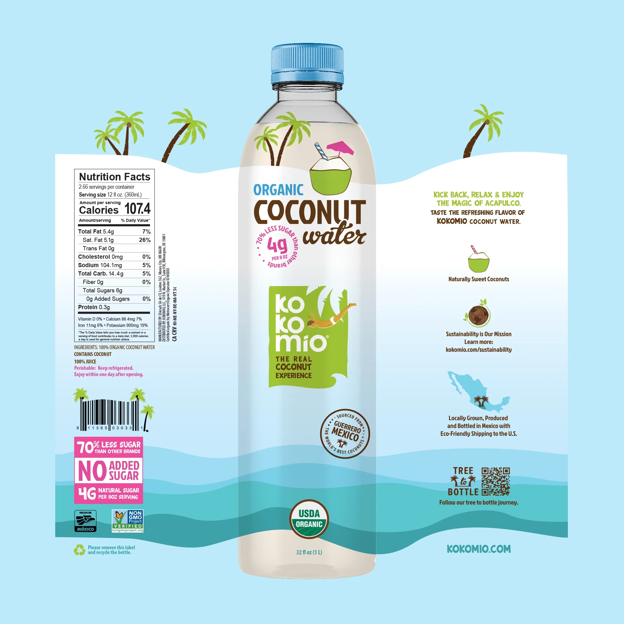 Beverage packaging design created during agency experience featuring organic coconut water bottle label design and retail packaging layout.