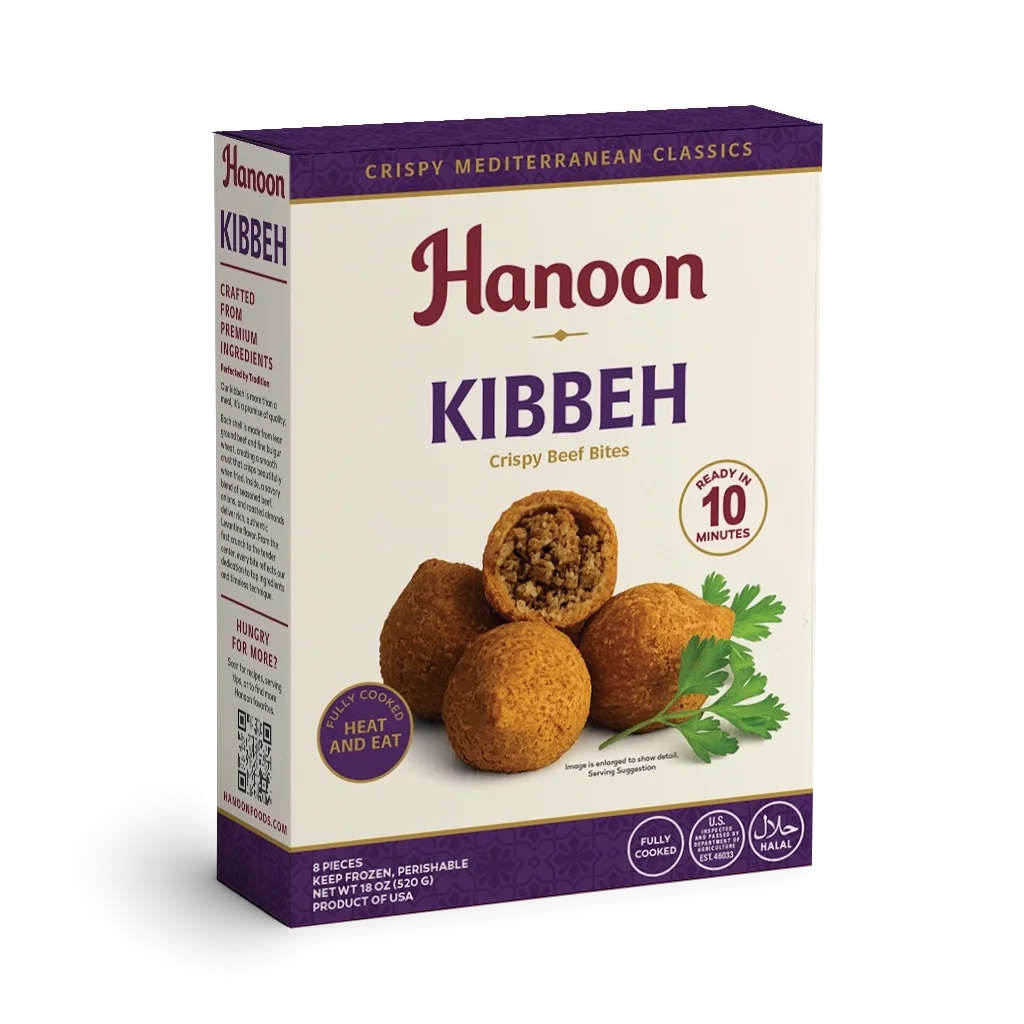 Frozen food packaging design for Hanoon featuring branded kibbeh retail box packaging for Mediterranean food products.