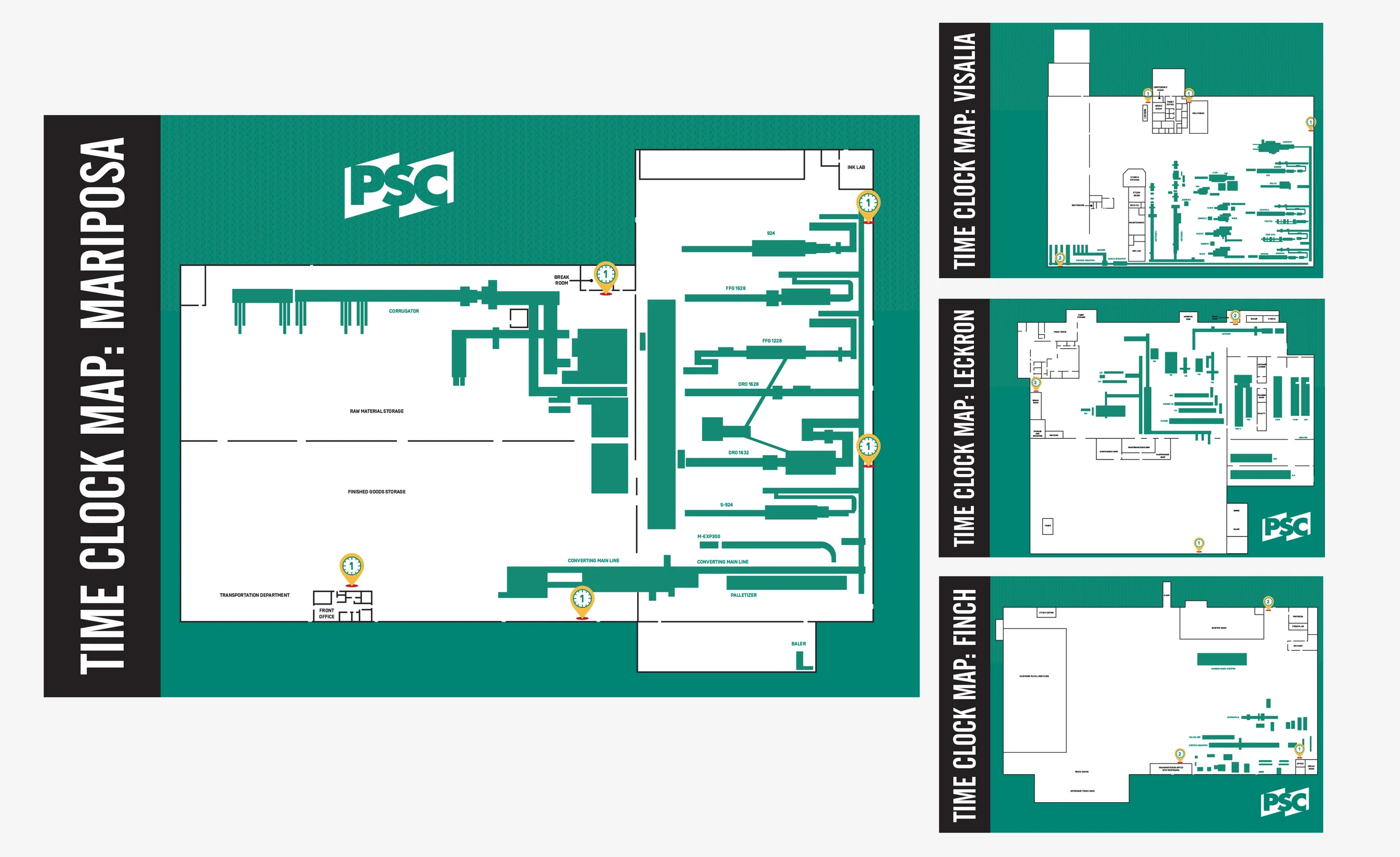 Corporate facility wayfinding and employee time clock map design created for Pacific Southwest Container manufacturing locations in California.