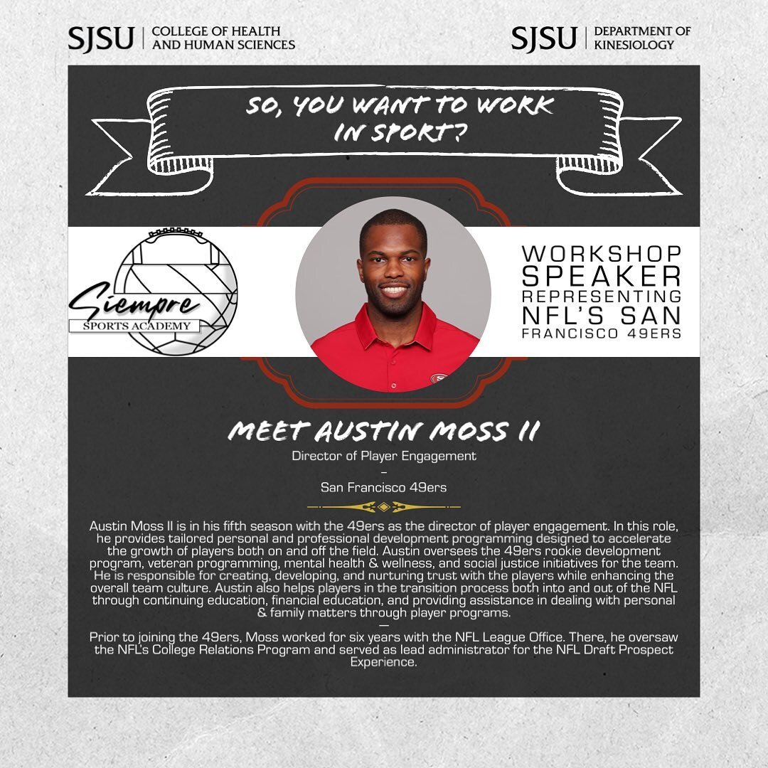 Meet Austin Moss II, one of our speakers for our first workshop at Levi Stadium! Austin is currently the the Director of Player Engagement for the @49ers! 
.
.
.
.
.
.
&mdash;
#siemprefam #siempresports #49ers #49ersfaithful #faithfultothebay #sanjos