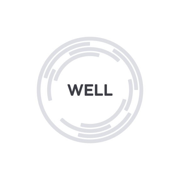Circular design with the word "WELL" in the center and various concentric lines surrounding it.