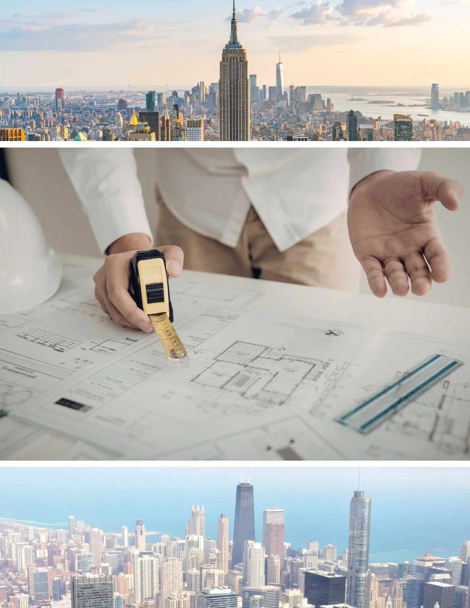 Split image with top showing New York City skyline, middle showing an architect or engineer working on blueprints, bottom showing a cityscape with skyscrapers and Lake Michigan.