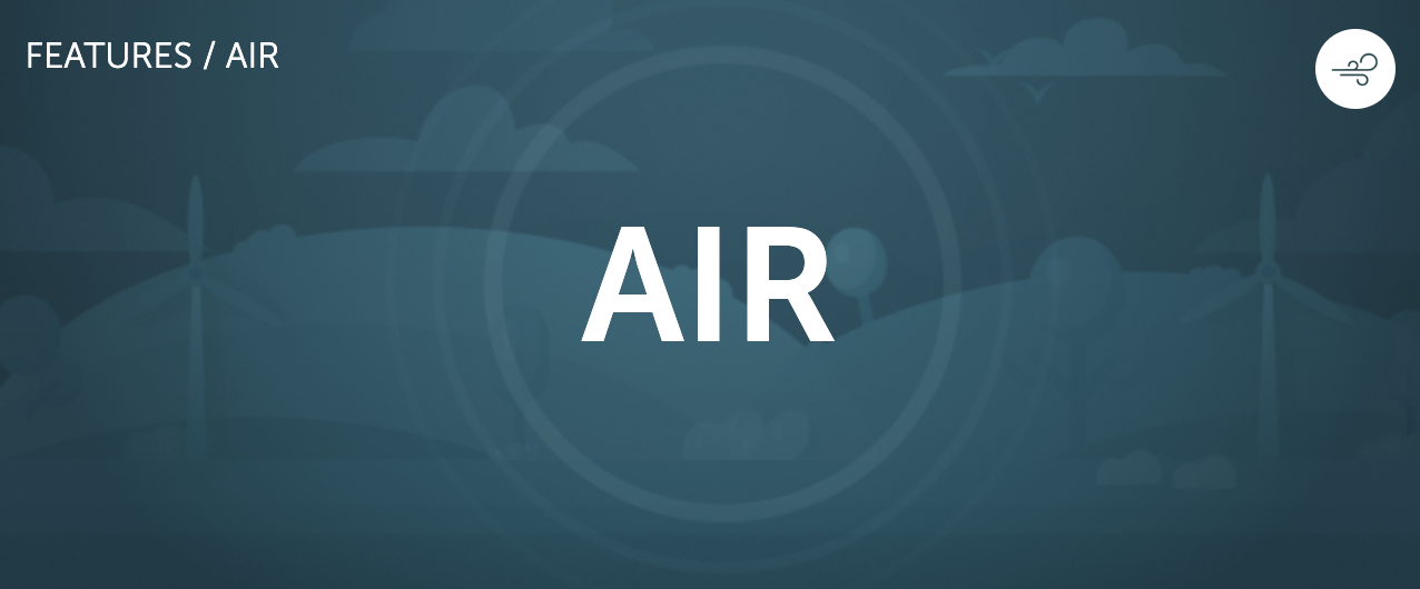 Digital screen displaying the word 'AIR' with wind turbine illustrations in the background and a wind symbol in the top right corner.