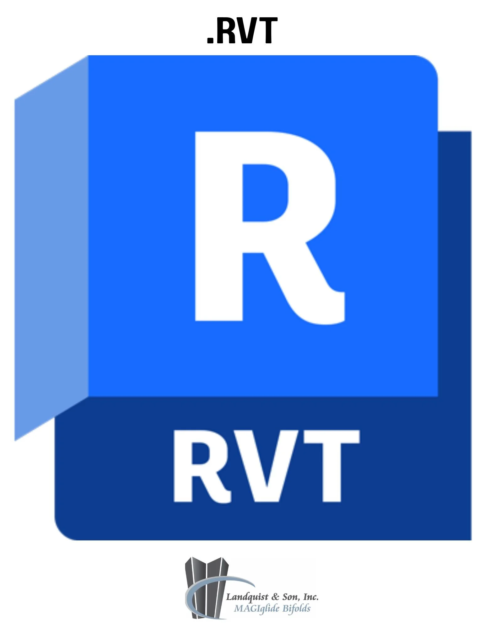 Logo for .RVT file format, with the text '.RVT' at the top and 'RVT' at the bottom, and a small logo with text 'Landquist & Son, Inc. MAGI glide Bifolds' at the bottom.