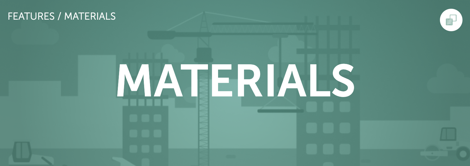 Construction site background with cranes, buildings, and construction vehicles, overlaid with text "Features / Materials" and "Materials."