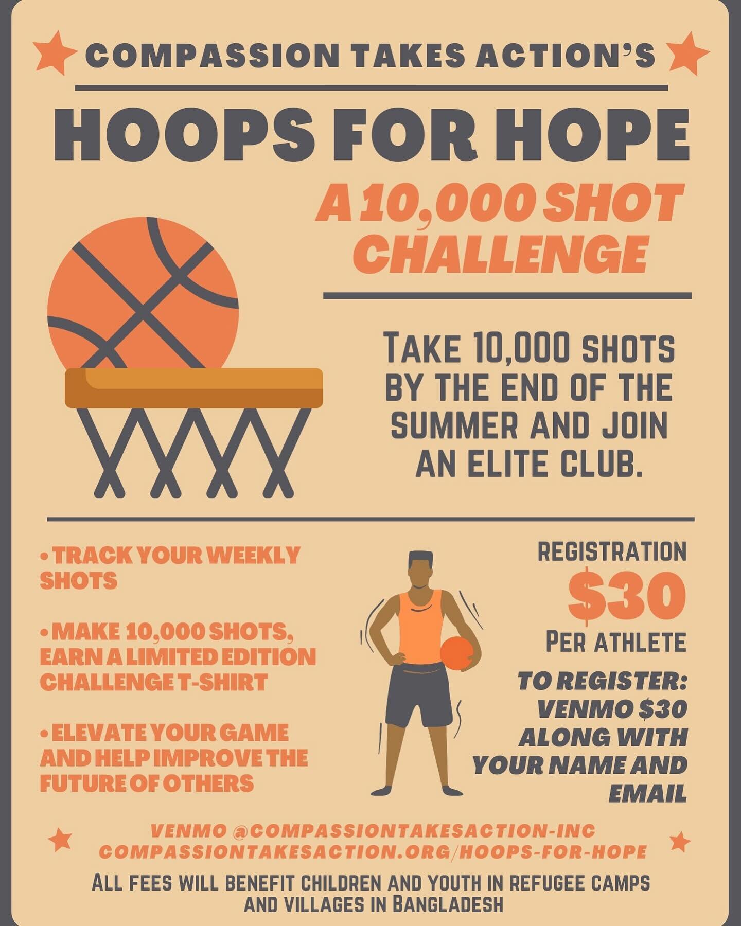 Hoops for Hope 10K shot challenge. Get an early start now and finish by the end of summer to get your shirt. We would love to have your children/teens participate. Three ways to join depending on what is easiest for you- 
1. Join on website at Compas