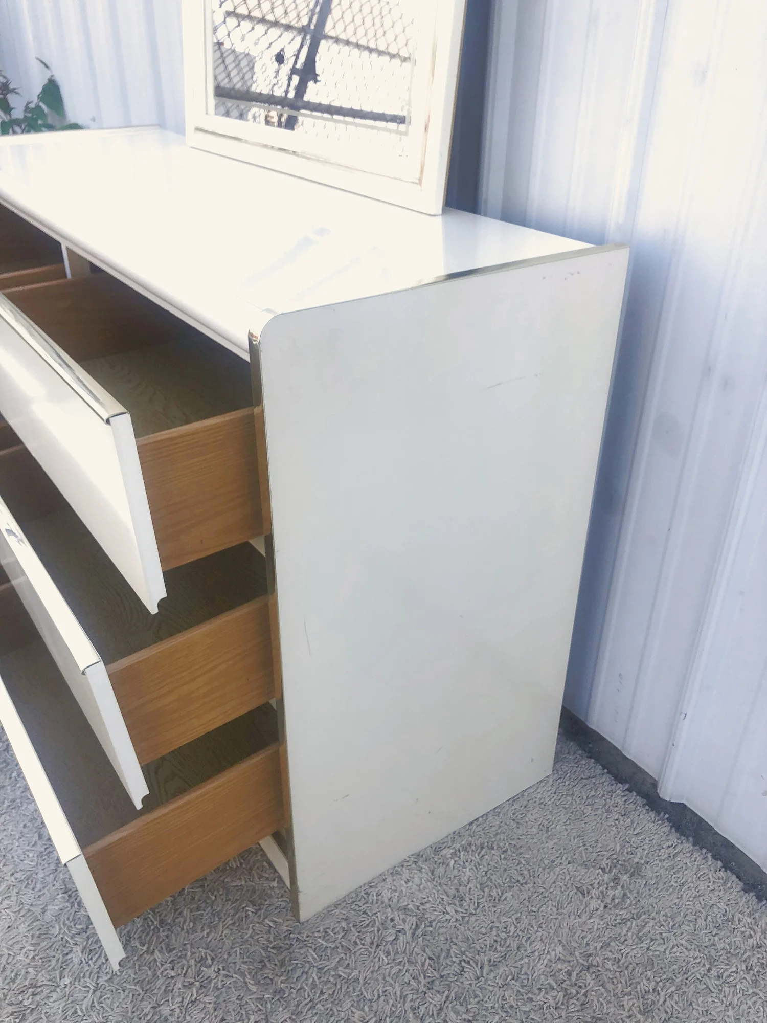 Vintage 1980s White Lacquer Six Drawer Dresser with Brass Accents & Mirror   APV Modern