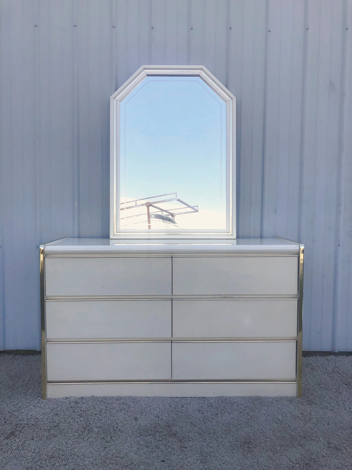 Vintage 1980s White Lacquer Six Drawer Dresser with Brass Accents & Mirror   APV Modern