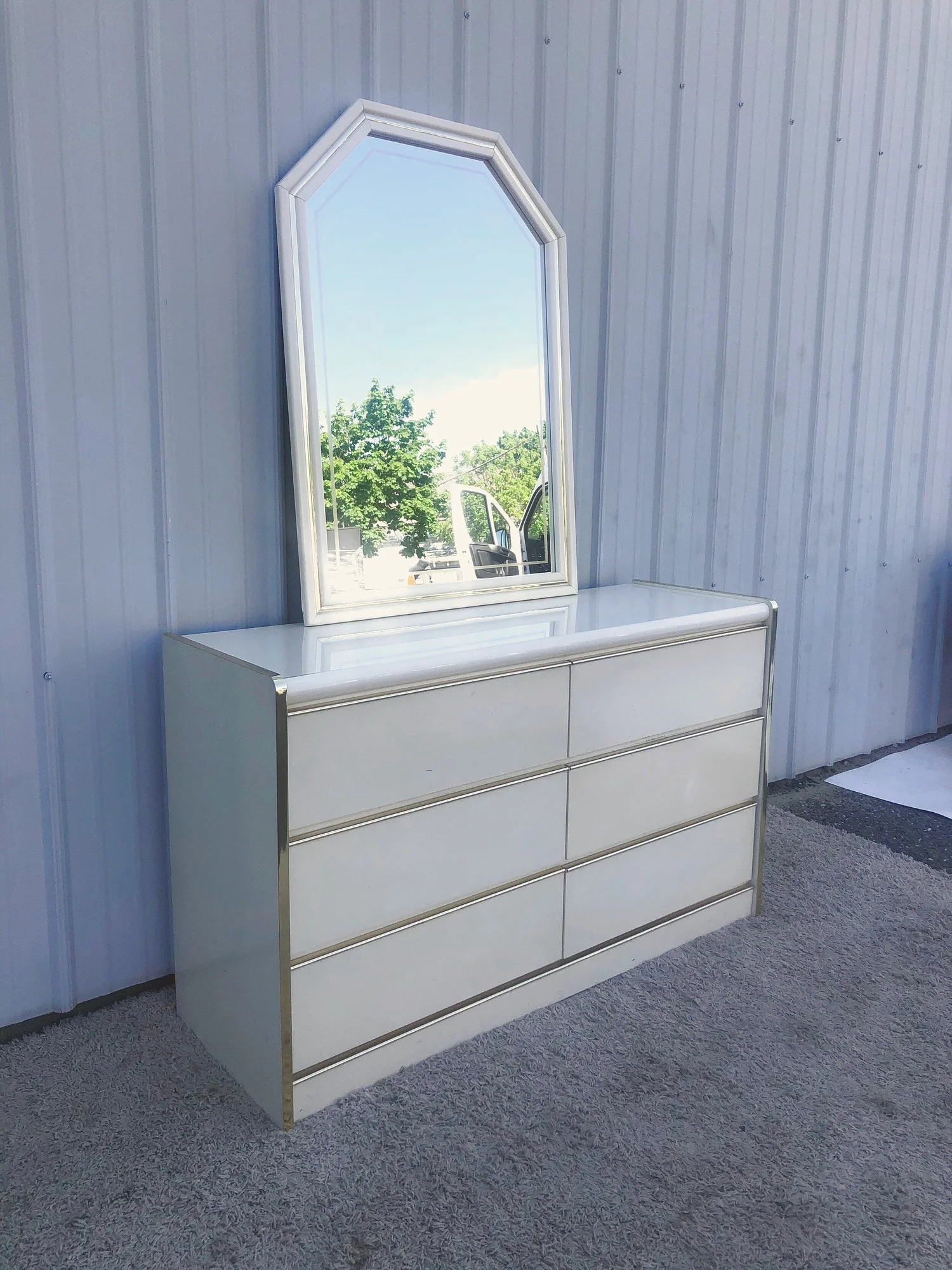 Vintage 1980s White Lacquer Six Drawer Dresser with Brass Accents & Mirror   APV Modern