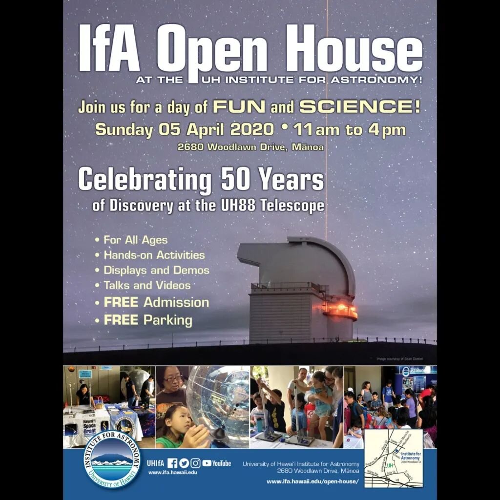 @uh_ifa open house on Sunday, April 10, 11am-4pm.
2680 Woodlawn Drive, Manoa.
Join them for a day of FUN and SCIENCE!
Lots of activities and demonstrations!
Free admission and free parking.
**UPDATE - just realized I found an older poster of their ev