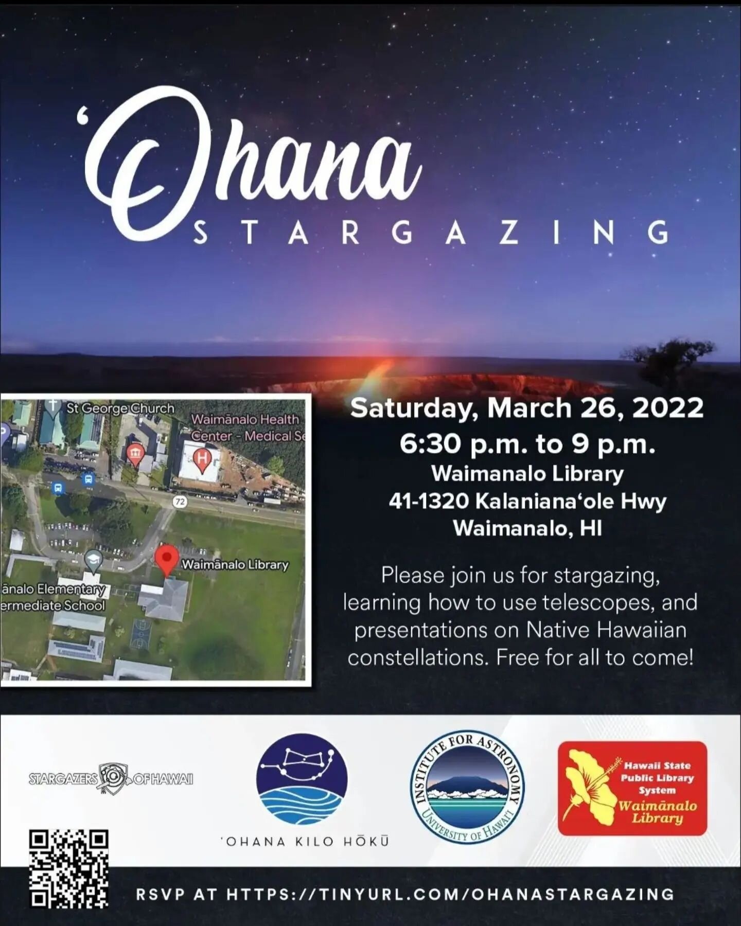 Free public stargazing and more this Saturday on the lawn of the Waimanalo Public Library, 6:30pm - 9pm. Join us along with @ohanakilohoku and @uh_ifa. RSVP at&nbsp;tinyurl.com/ohanastargazing