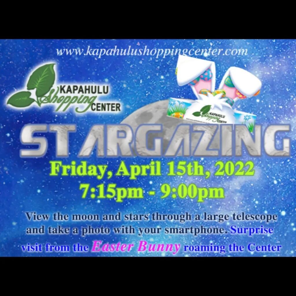 Free public moongazing at the Kapahulu Shopping Center Friday, April 15th, 7:15pm - 9:00pm. We'll be in the coned off corner area of the rooftop parking lot of Safeway. Weather permitting.

View the Moon with our powerful telescope and see the Moon's