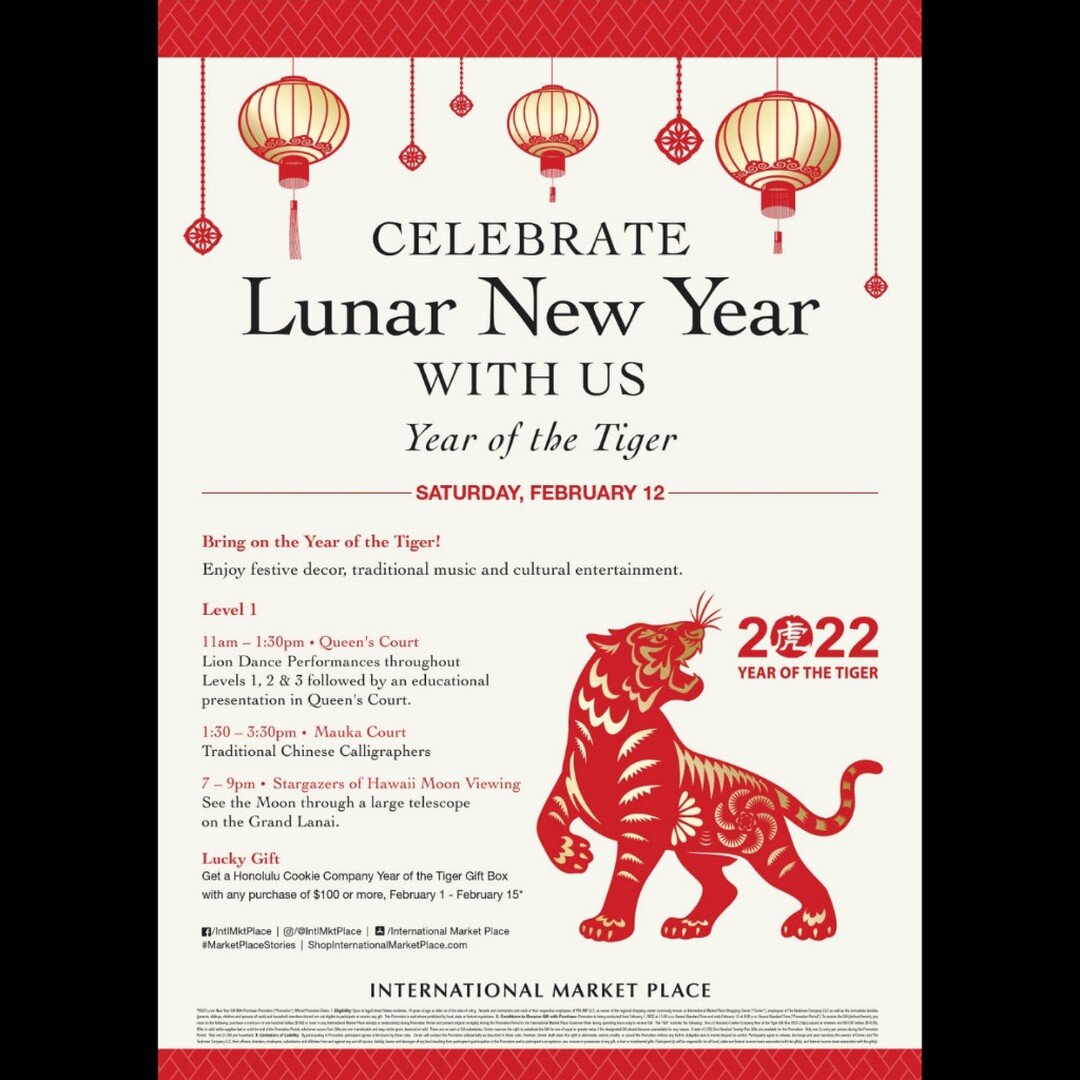Ring in the Year of the Tiger with us Saturday, February 12 at the @intlmktplace. Celebrate Lunar New Year with Lion dances, traditional Chinese calligraphy, stargazing, and more!

Saturday, Feb 12th
11am-1:30pm
Lion Dance Performances &amp; Educatio