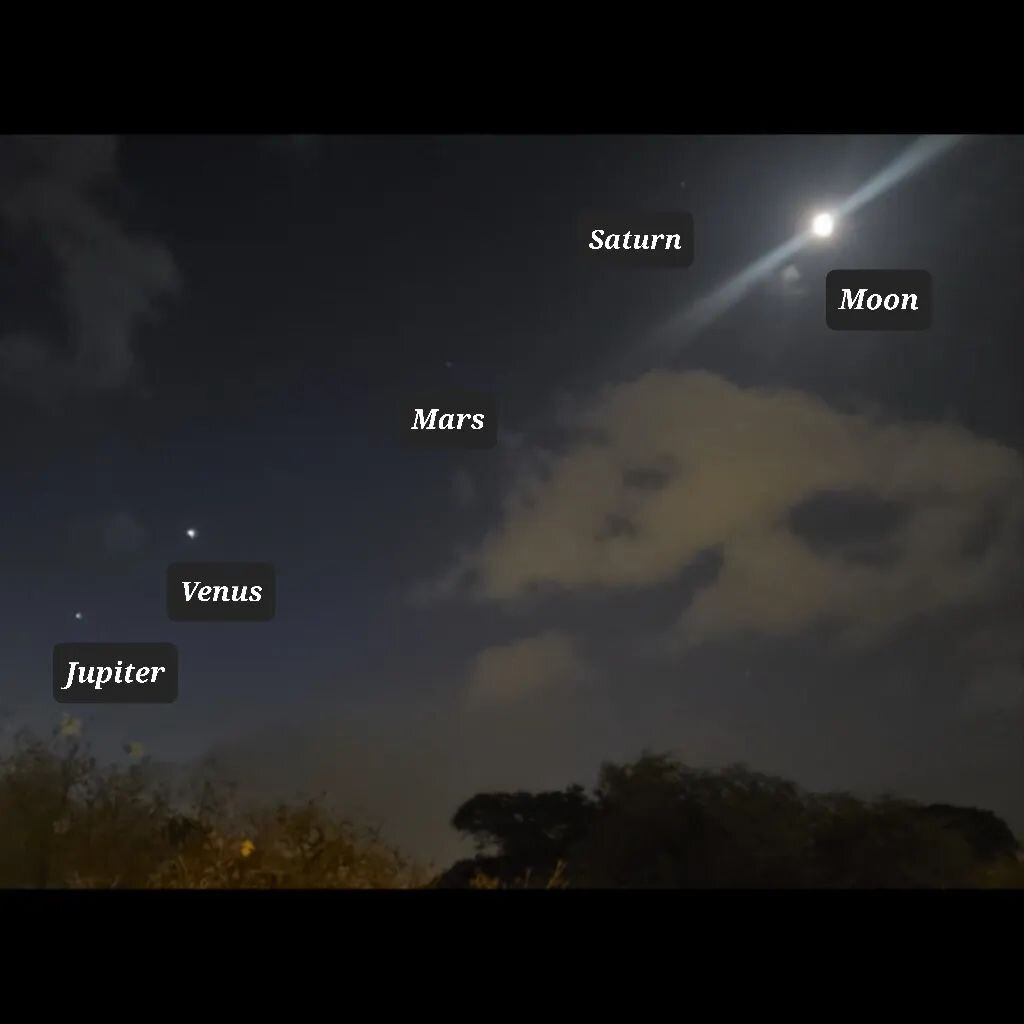 Four planets and the Moon. Rare sight of the planets lined up in the early morning. From lower right to upper left: Jupiter, Venus, Mars, Saturn and the Moon.
2nd picture was taken the next morning and shows that the Moon moved over a little.
The Moo