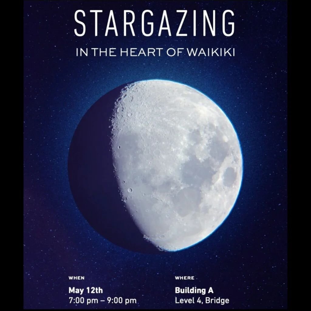 Join us for our monthly free public rooftop moongazing event @royalhwnctr Thursday, May 12, 2022: 7pm - 9pm. Building A Level 4. View the moon through our large 7-foot telescope and bring your smartphone to get a picture! No registration required.

V
