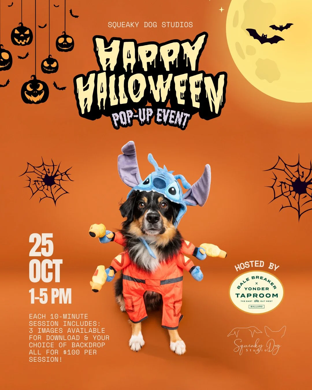 Bring your pup down for some spooky-cute photos before the big Howl-O-Ween bash! 🐾 📸⁠
⁠
@margotmckelviephotography&rsquo;s Squeaky Dog Studios will be popping up at the taproom on Saturday, October 25th from 1-5pm, offering 10-minute photo sessions