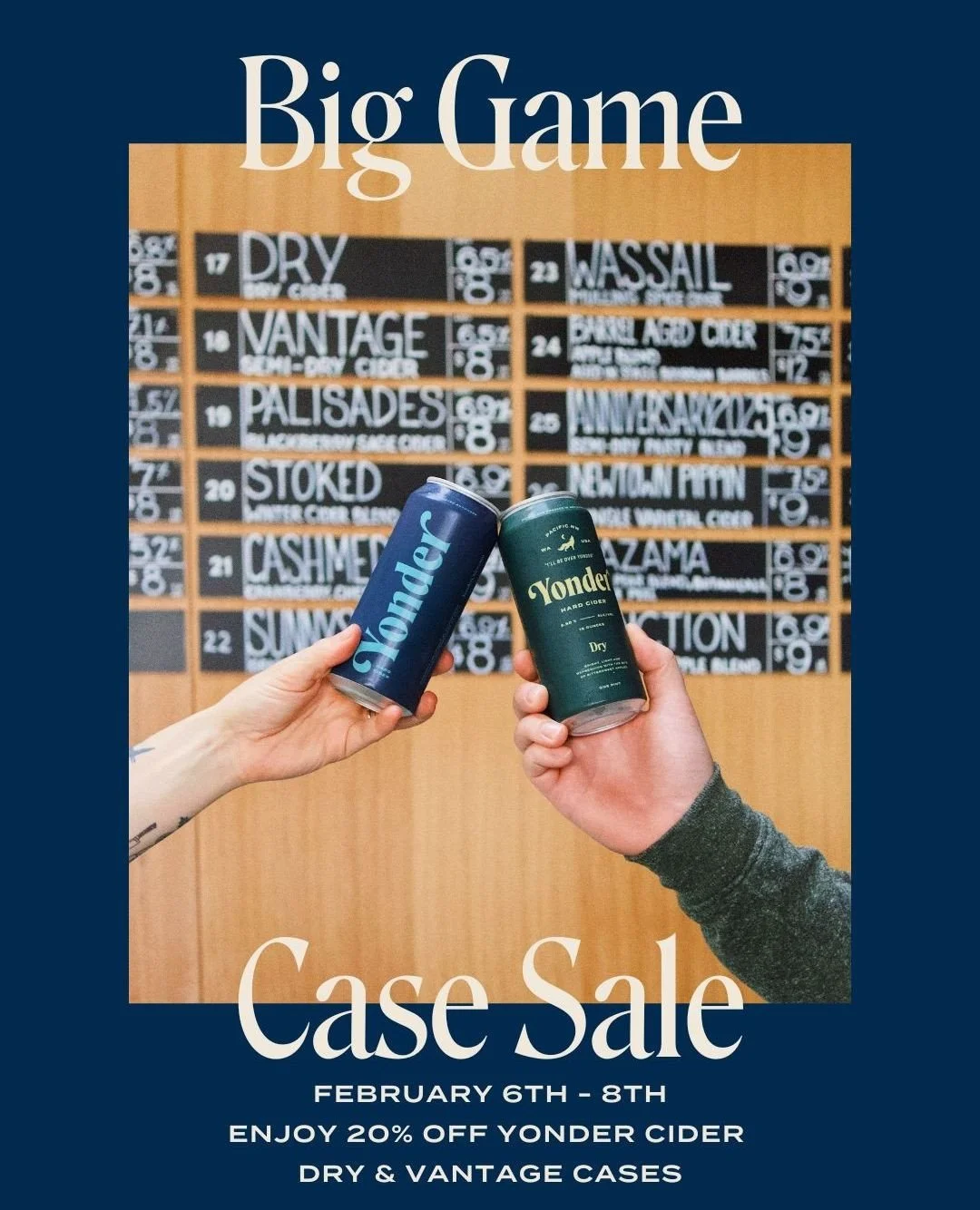 Big Game Weekend Sale! 🏈⁠
⁠⁠
Stock up for the Big Game with 20% off a case of our Vantage cider and Dry cider happening all weekend long, Friday - Sunday, Feb 6th - 8th!⁠
⁠
Perfect for your game day spread - grab a case, pour, and enjoy the action. 