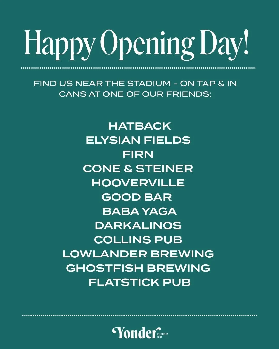 Happy Opening Day! ⚾⁠
⁠
Pregaming before first pitch or catching the game near the stadium? We&rsquo;ve got you covered. Swing by a few of our friends&rsquo; spots to sip on Yonder, cheer loud, and soak it all in.⁠
⁠
Let&rsquo;s go Mariners! 💙⁠
⁠
⁠

