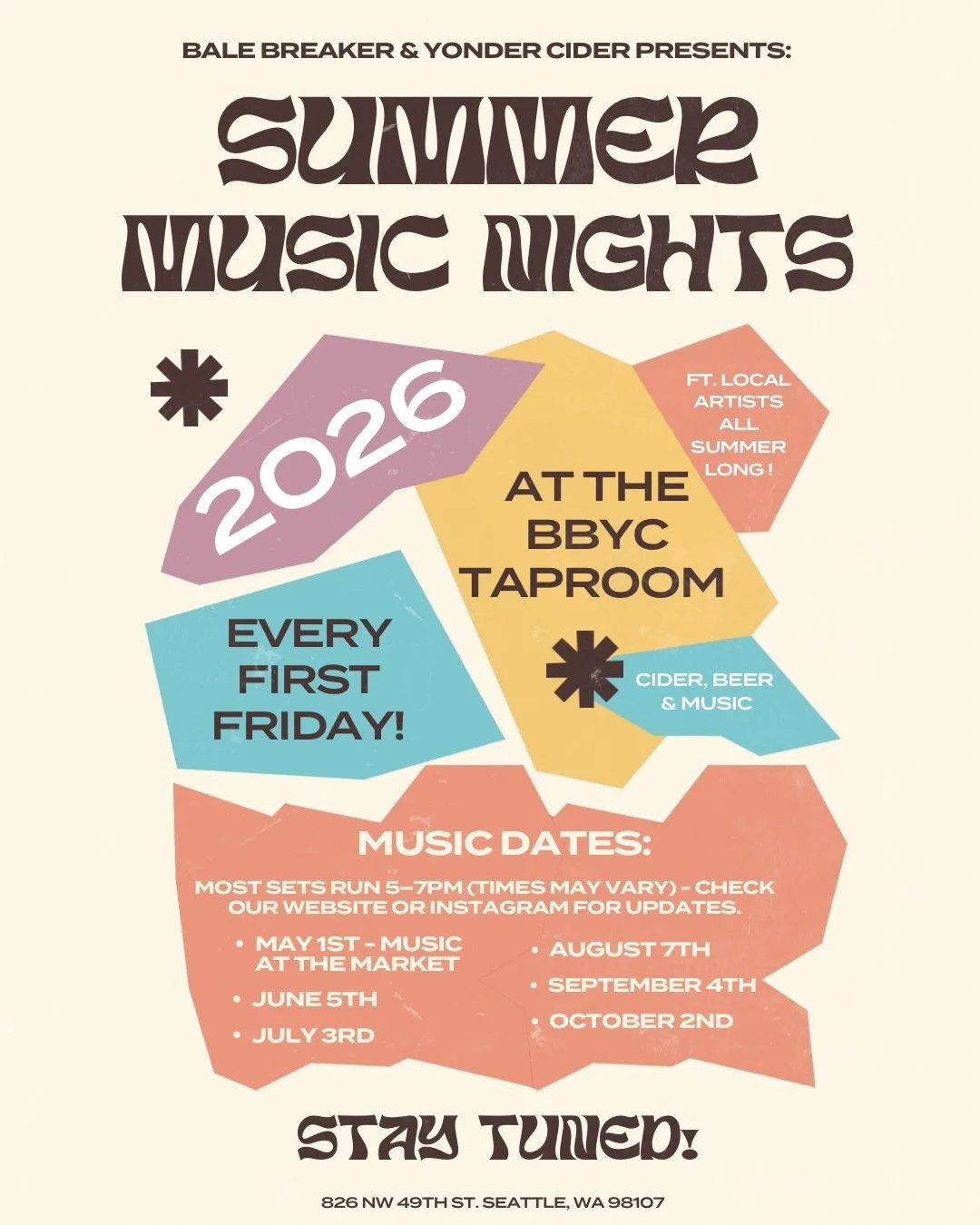 Summer nights are about to get a whole lot better 🎶
⁠
We&rsquo;re kicking off Summer Music Nights at the @balebreakerballard and @yondercider Taproom - happening every first Friday from May through October. Think long evenings, cold cider and beer, 