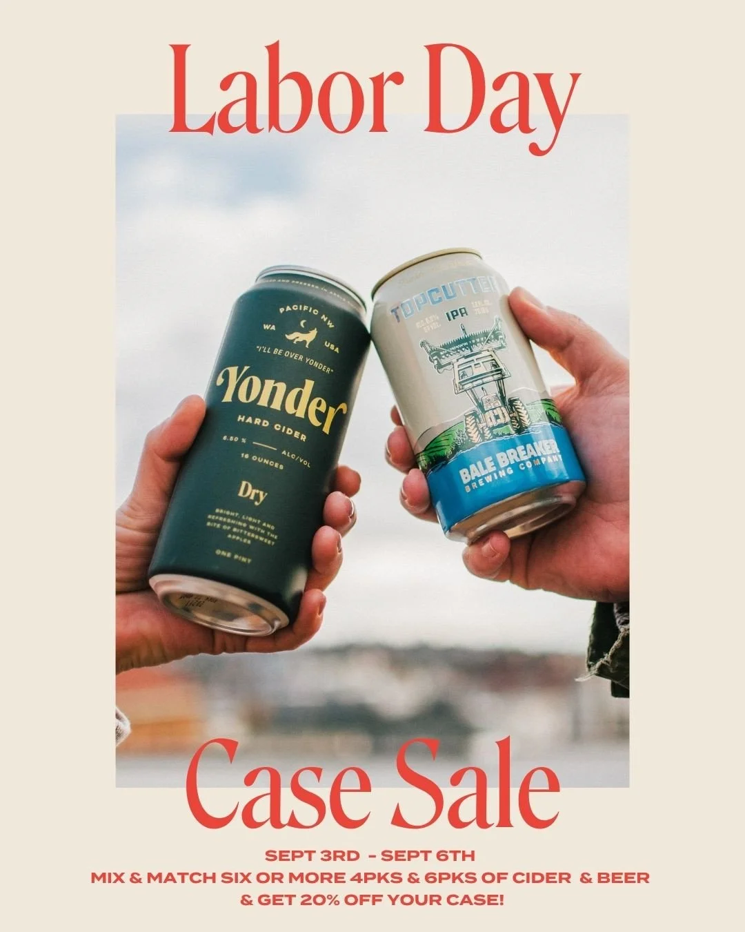 Labor Day weekend is basically summers last hurrah, so we&rsquo;re sending it off properly with a mix &amp; match case sale! 
⁠
From September 3rd - 6th (Thursday&ndash;Sunday), mix and match six or more 4pks and 6pks of @yondercider and @balebreaker