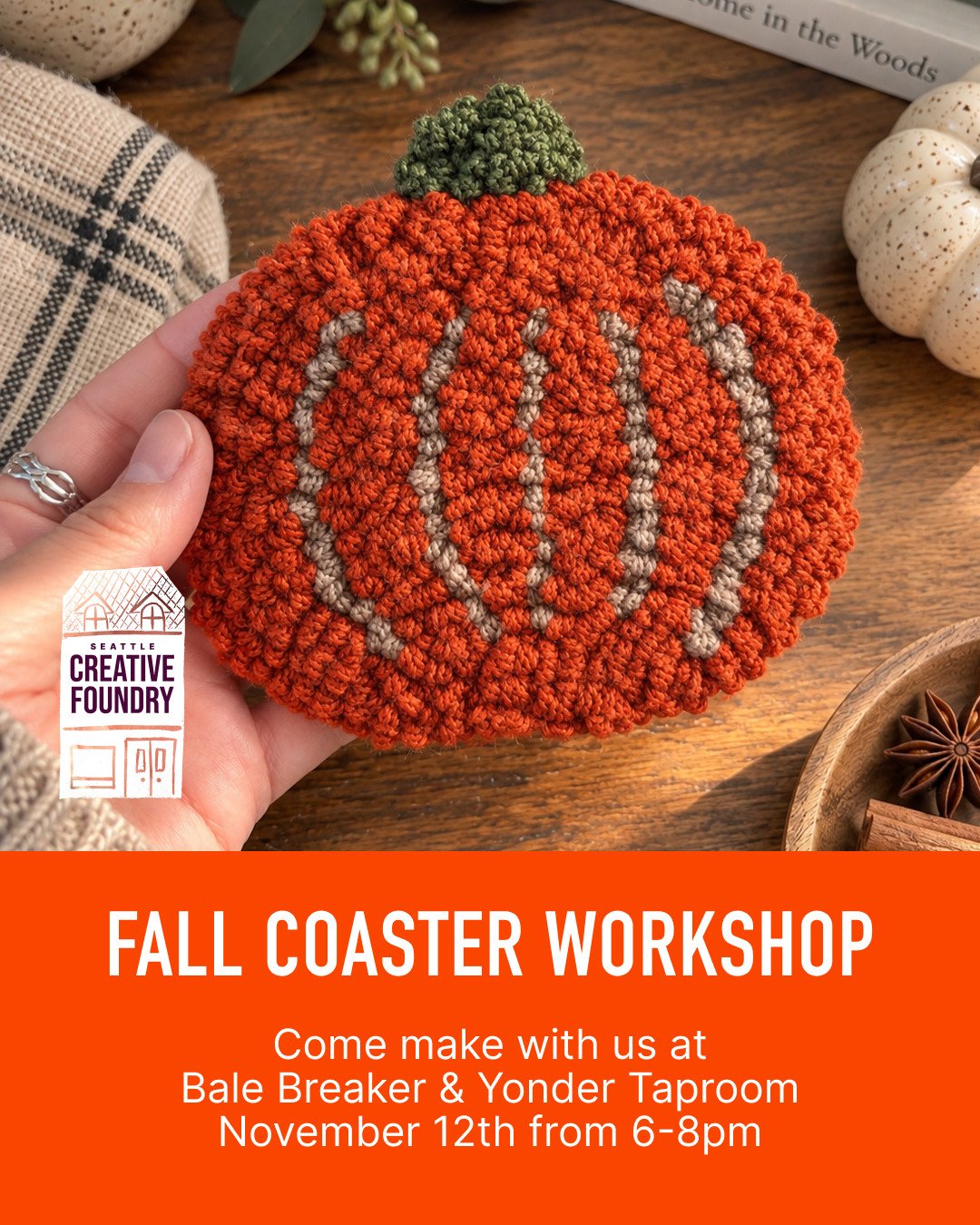 A little yarn, a little cider, and a cozy night of getting crafty. 🍂🧶⁠
⁠
Join us and our friends at @seattlecreativefoundry on November 12th from 6-8pm at the Ballard taproom for a fall-inspired punch needle coaster workshop! Pick your favorite aut