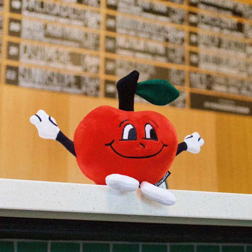 red plush apple character with eyes and a smile dog toy