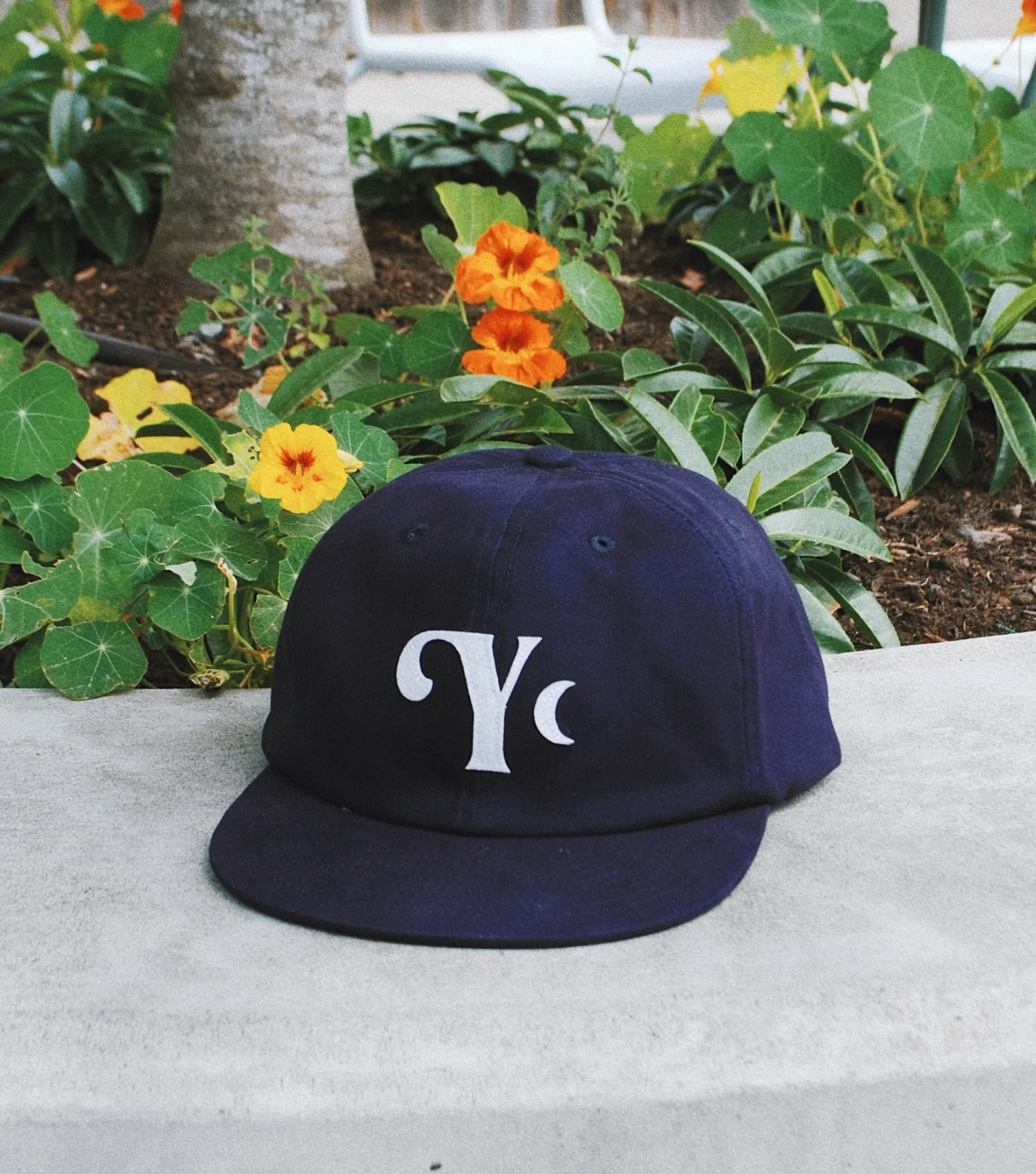 Blue yonder hat with felt YC logo in white